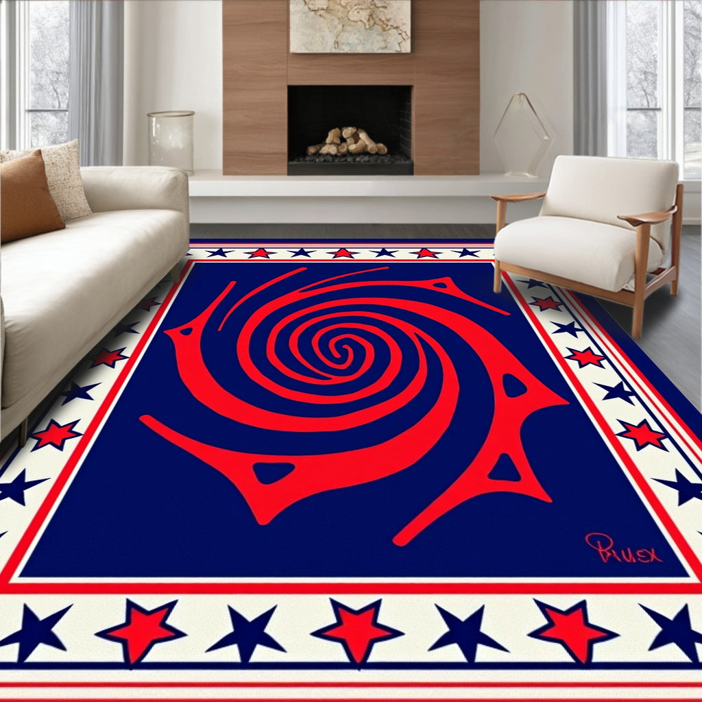 Crimson Spiral Sun Star Border Rug