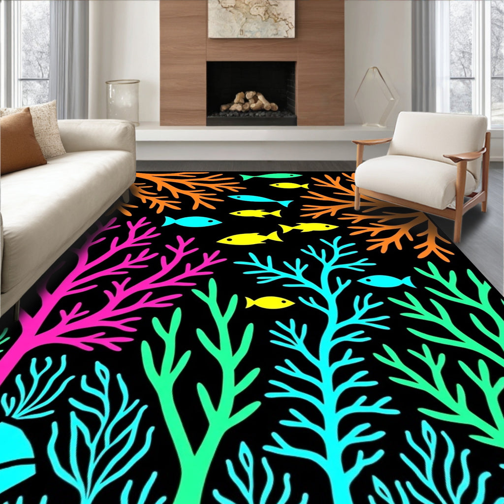 Vibrant Neon Coral Fish Scene Rug