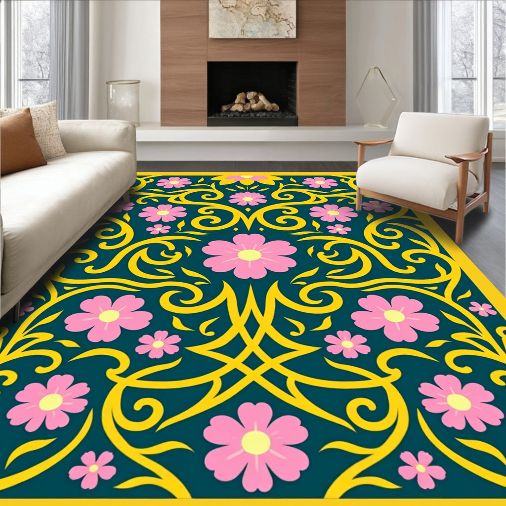 Golden Floral Scroll Work Rug