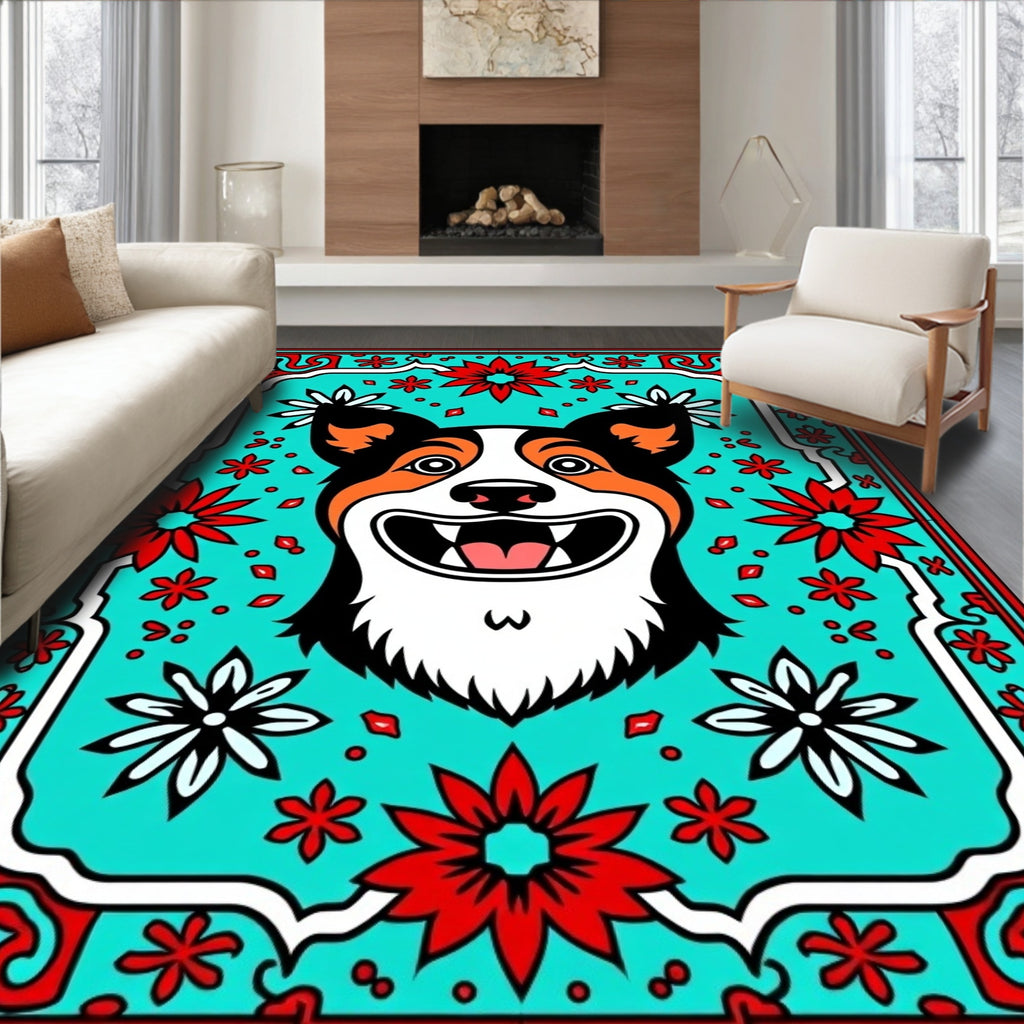 Bright Turquoise Corgi Floral Frame Rug