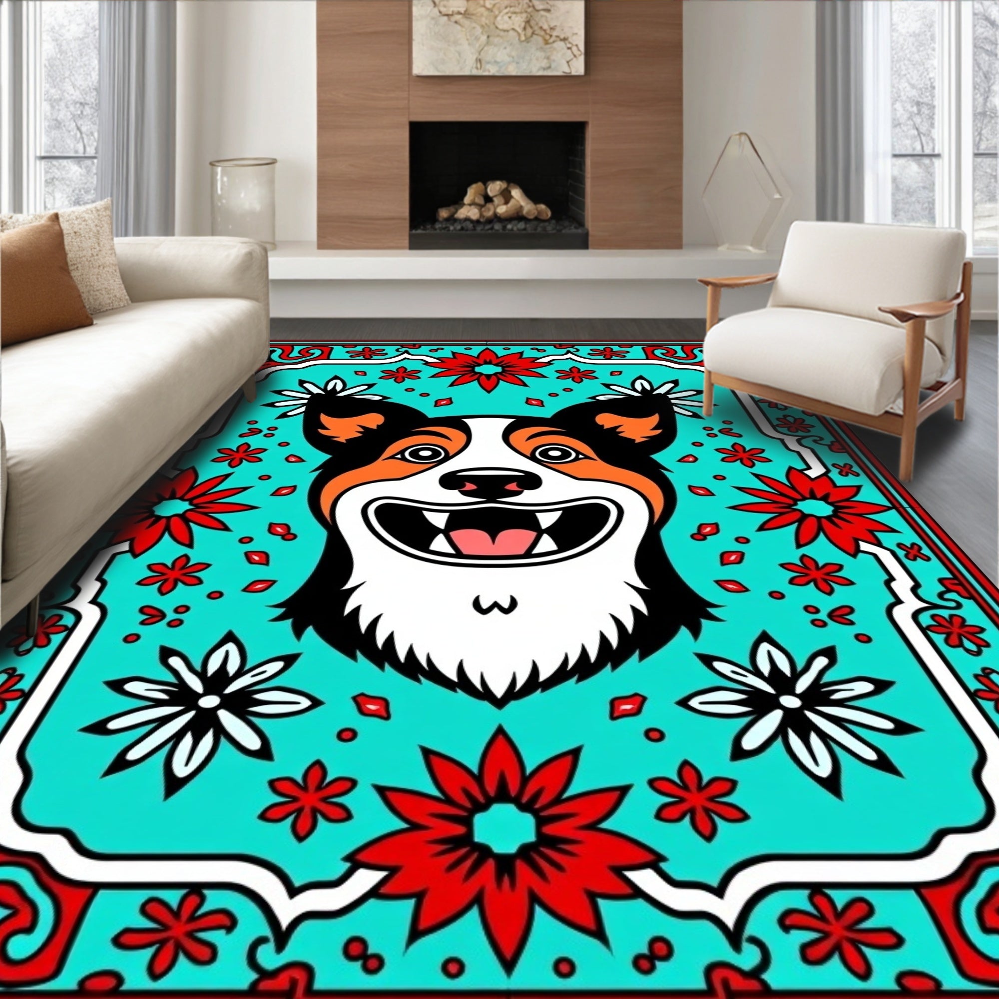 Bright Turquoise Corgi Floral Frame Rug