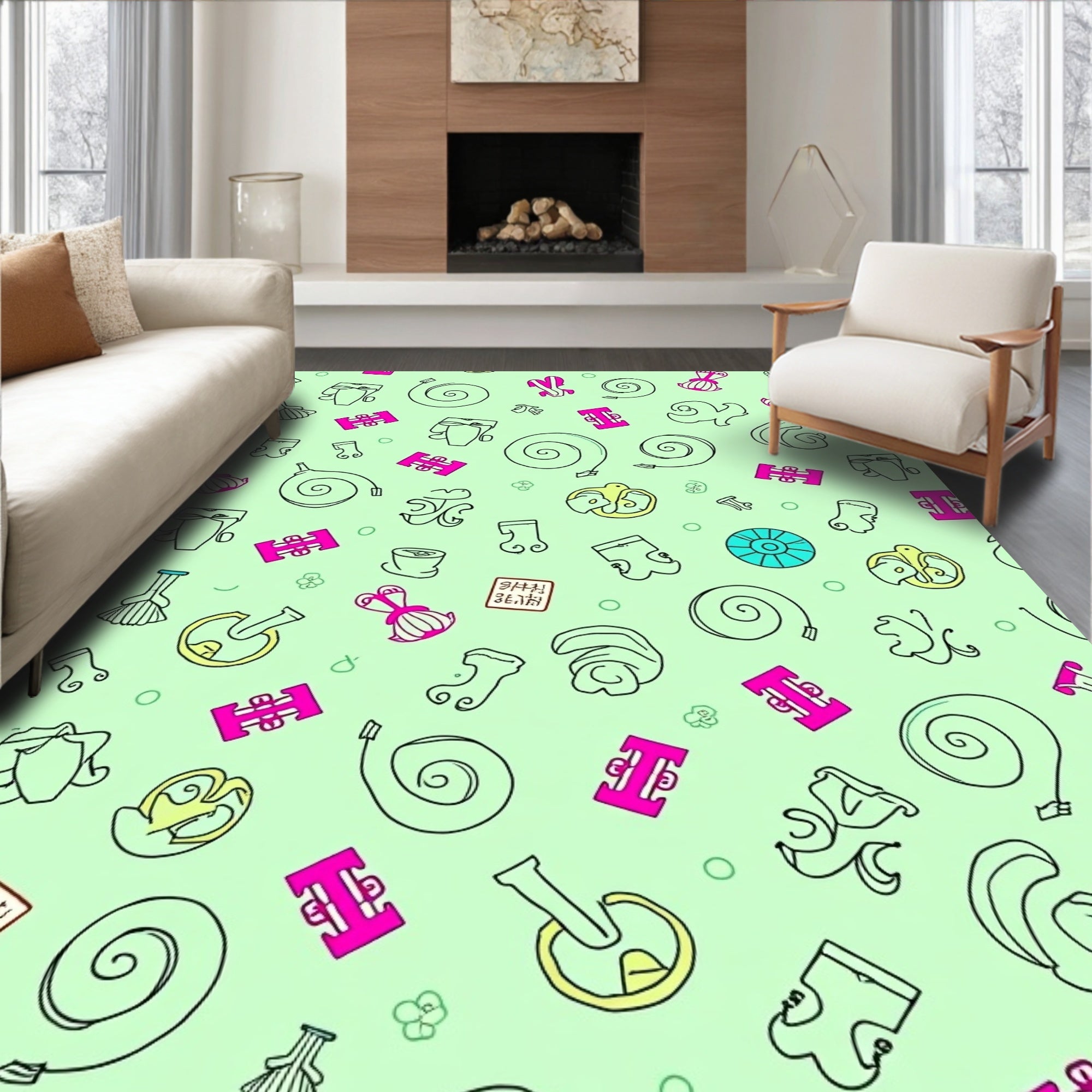 Whimsical Pink Yellow Swirls Folk Rug