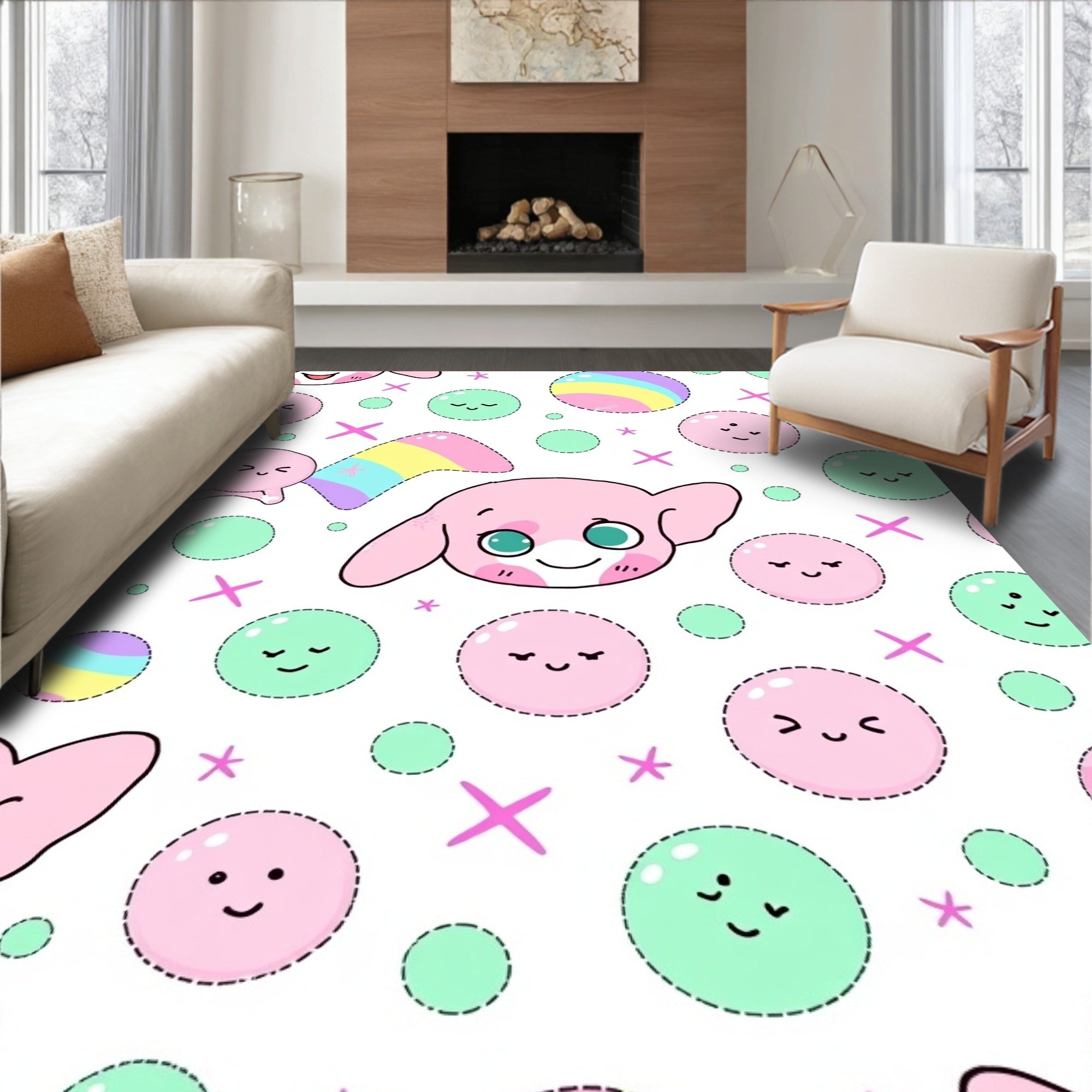 Cute Pink Kawaii Character Rainbow Bubbles Rug