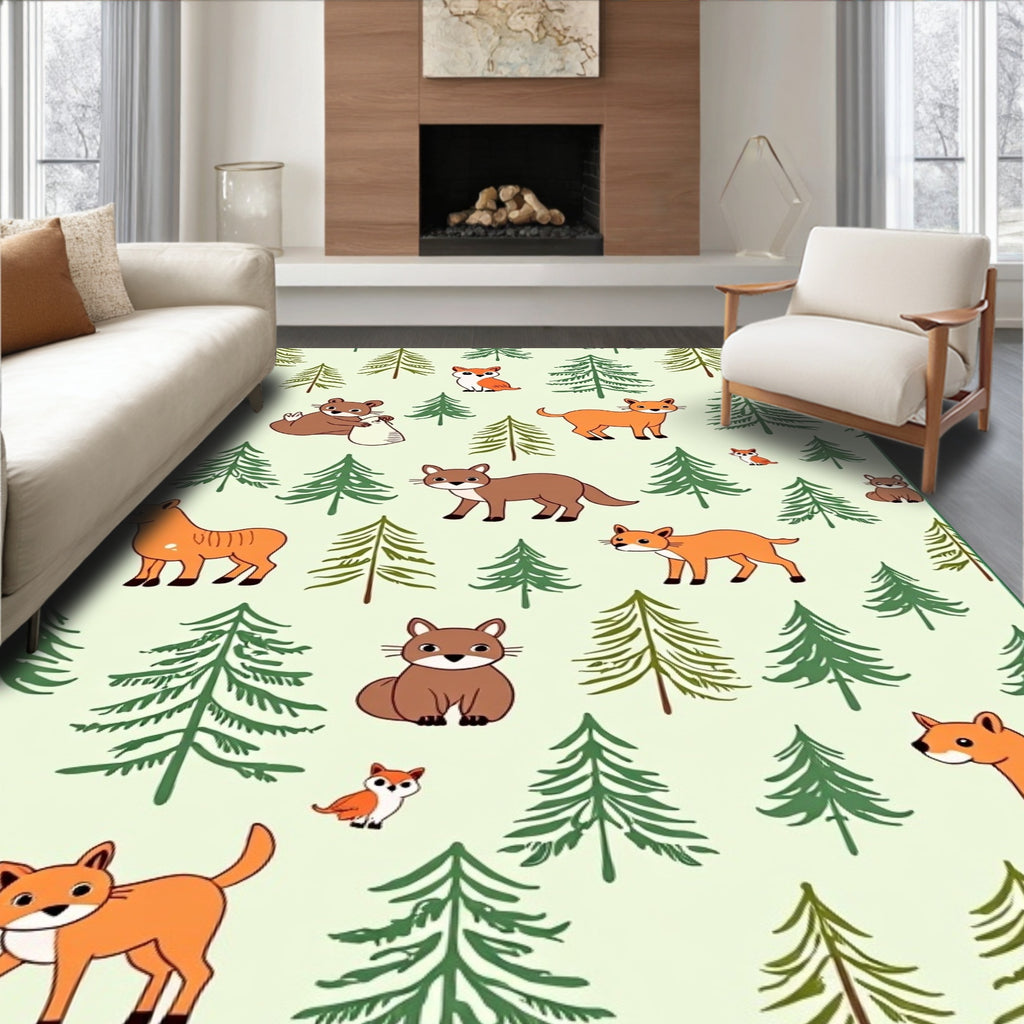 Woodland Creatures in Evergreen Forest Rug