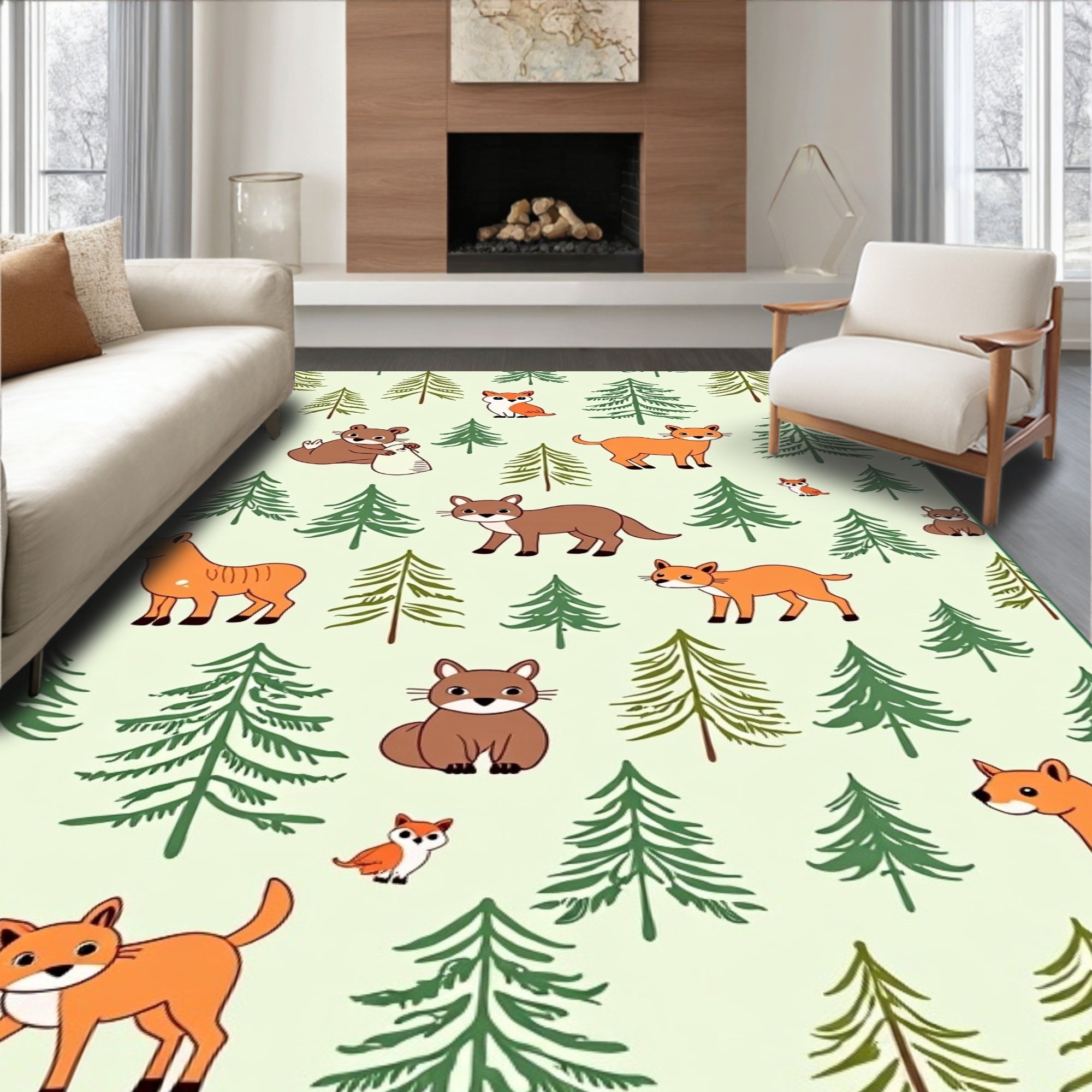 Woodland Creatures in Evergreen Forest Rug