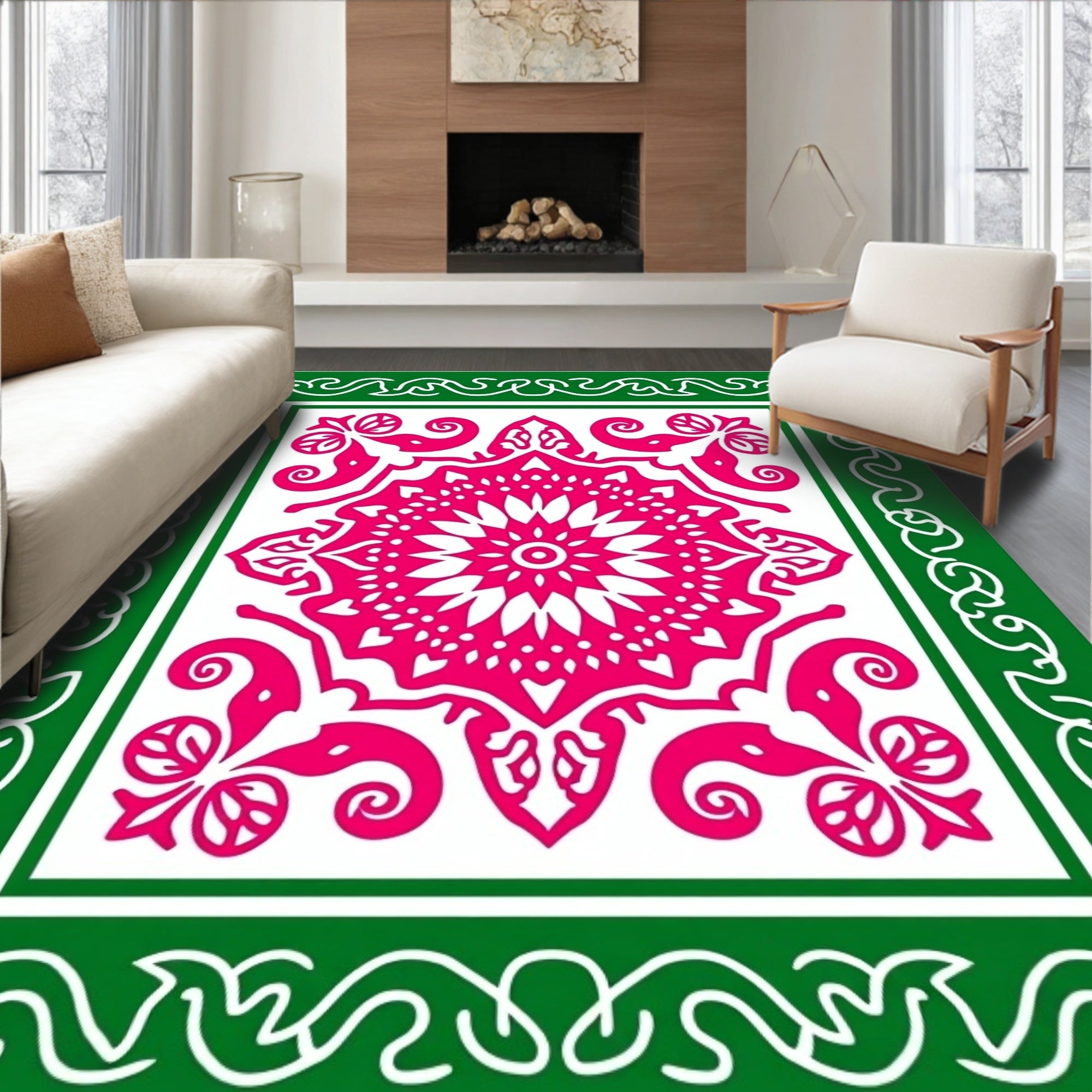 Hot Pink Floral Mandala Green Border Rug