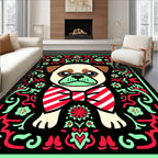 Playful Pug Red Mint Floral Border Rug