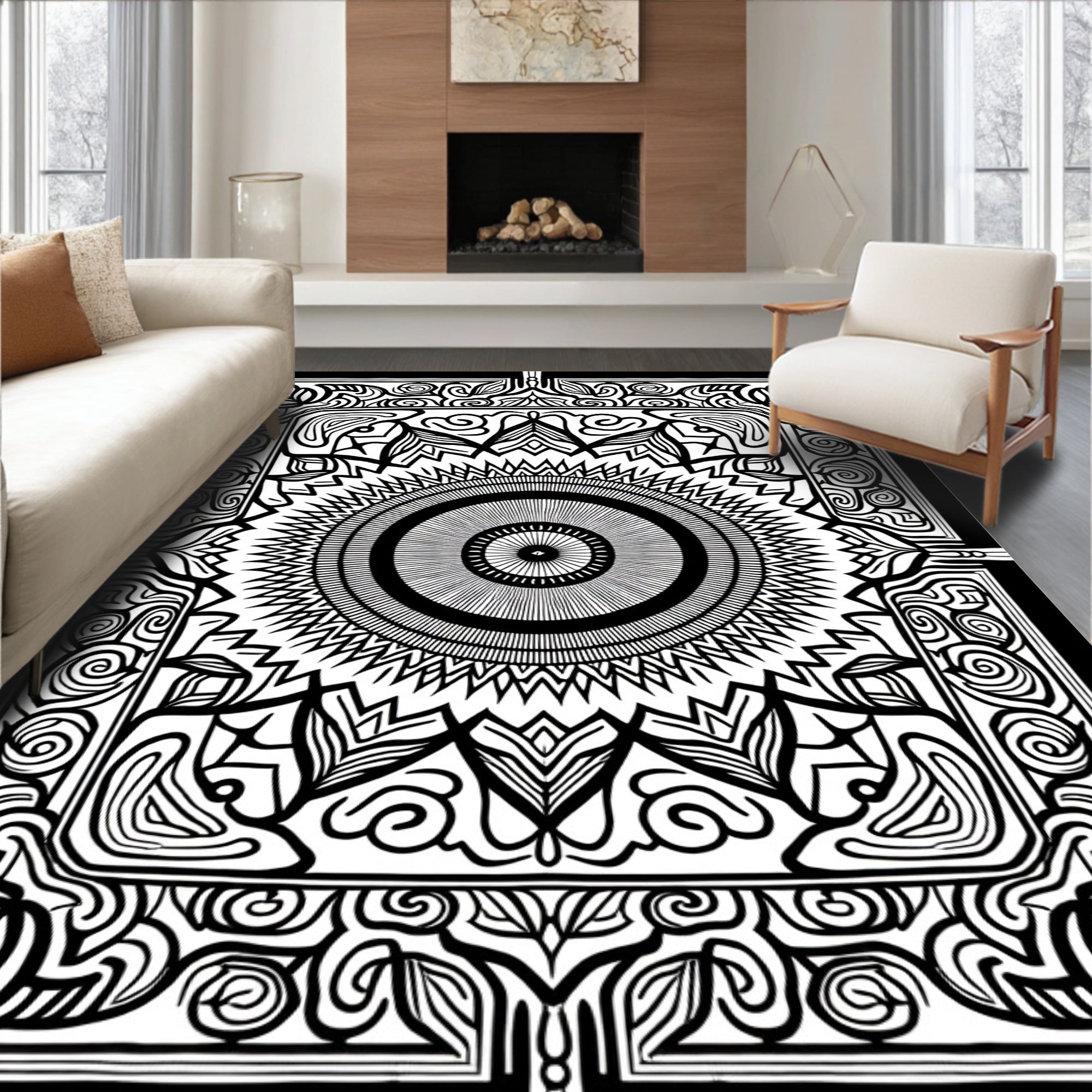 Monochromatic Radial Geometric Folk Art Rug