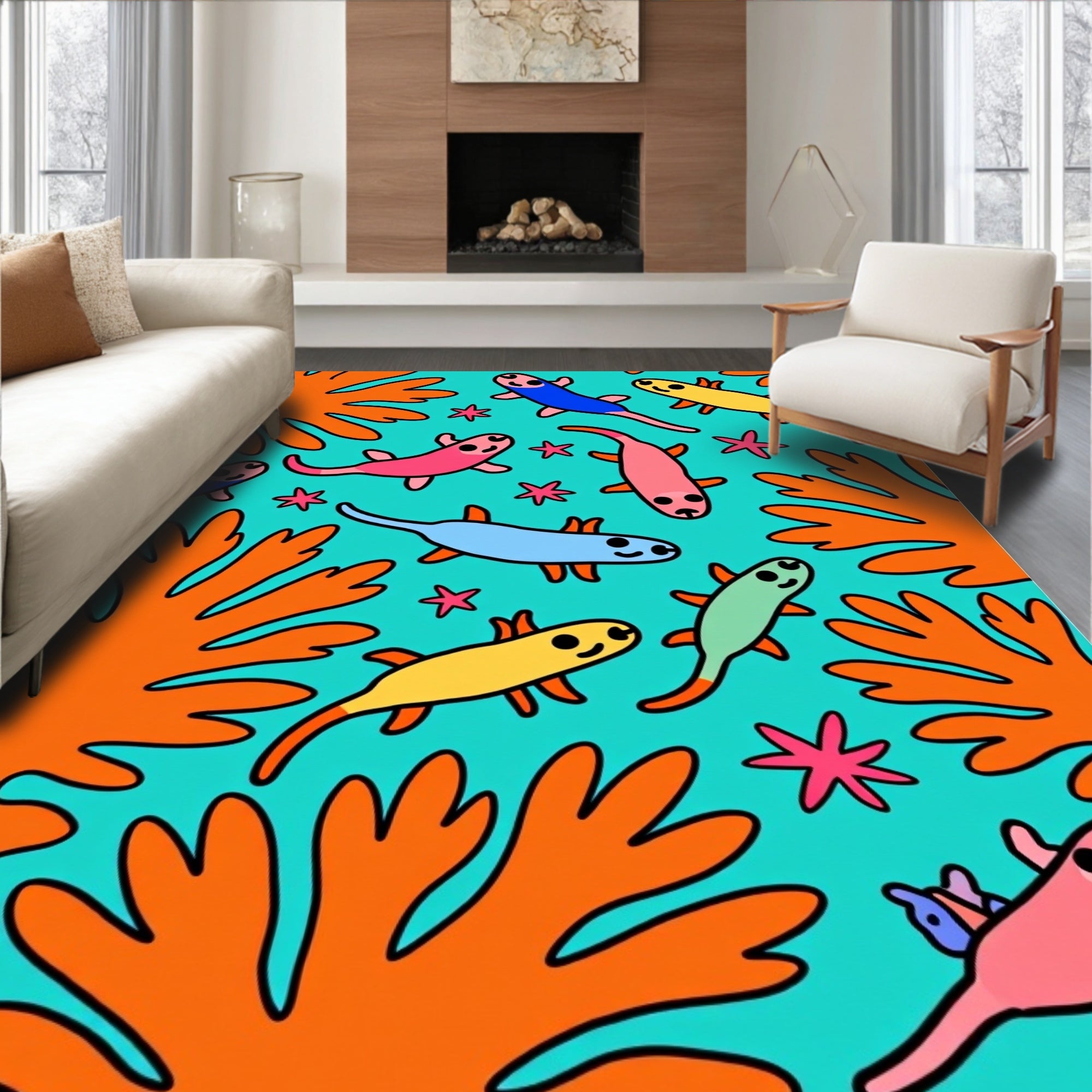 Playful Creatures and Coral Reef Scene Rug