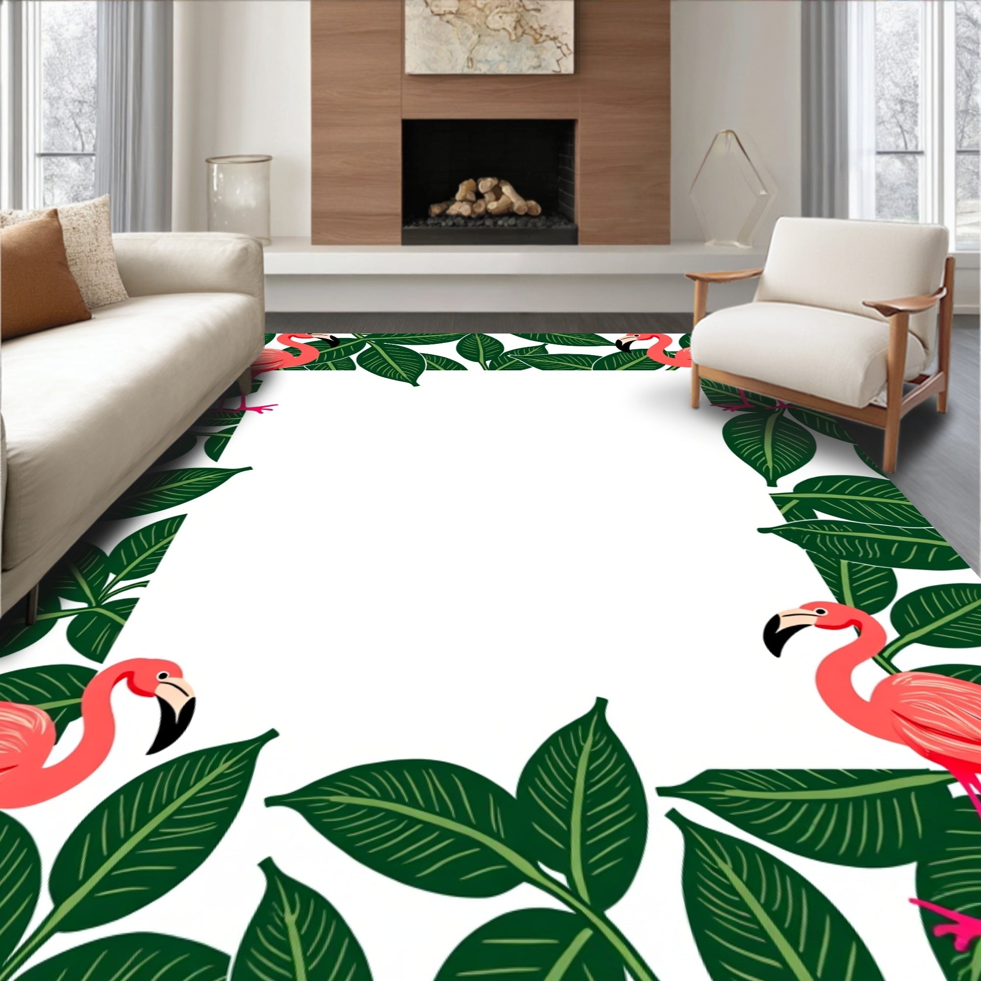 Pink Flamingo Tropical Leaf Frame Rug