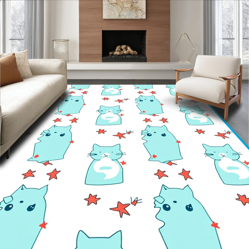 Cute Teal Cats with Red Stars Rug
