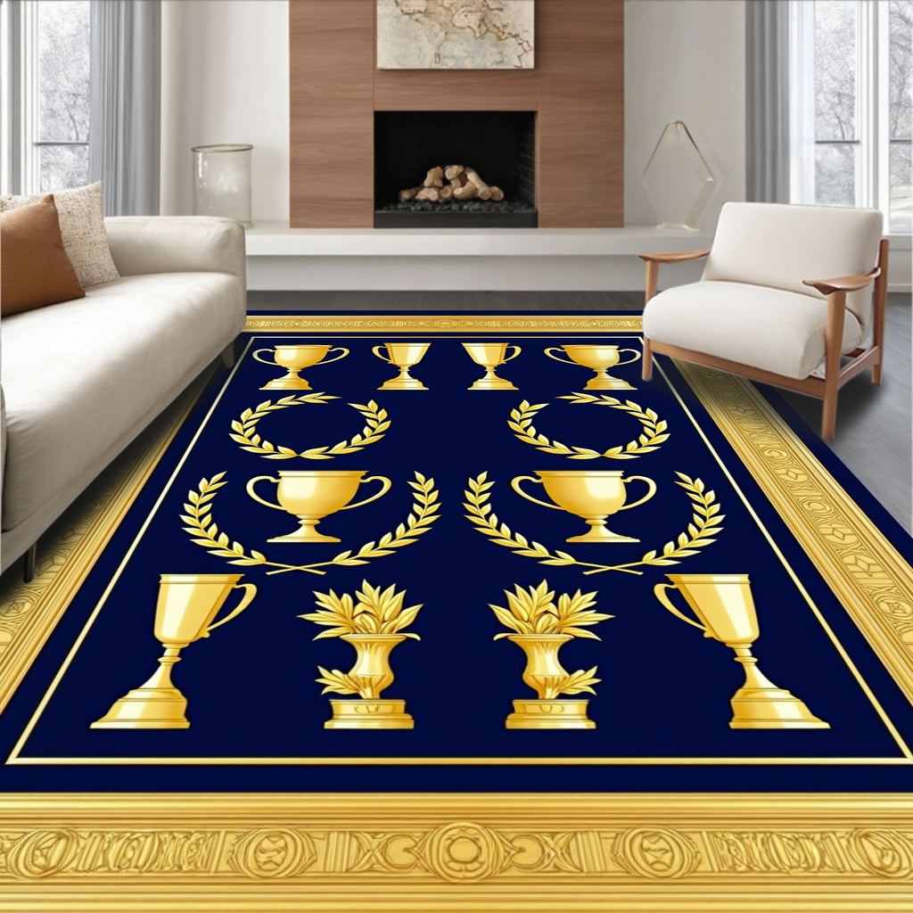 Gold Trophies Laurel Wreaths Navy Rug