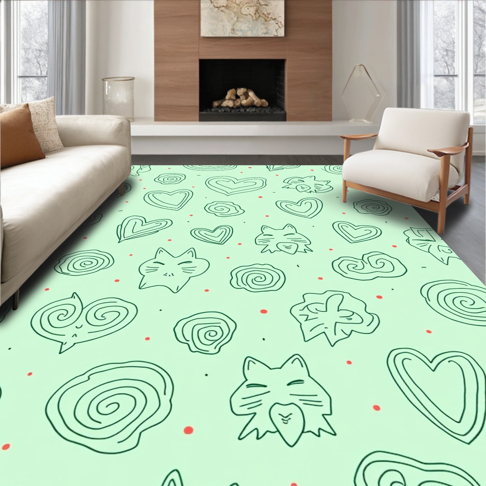 Cute Cat Heart Swirl Scatter Rug