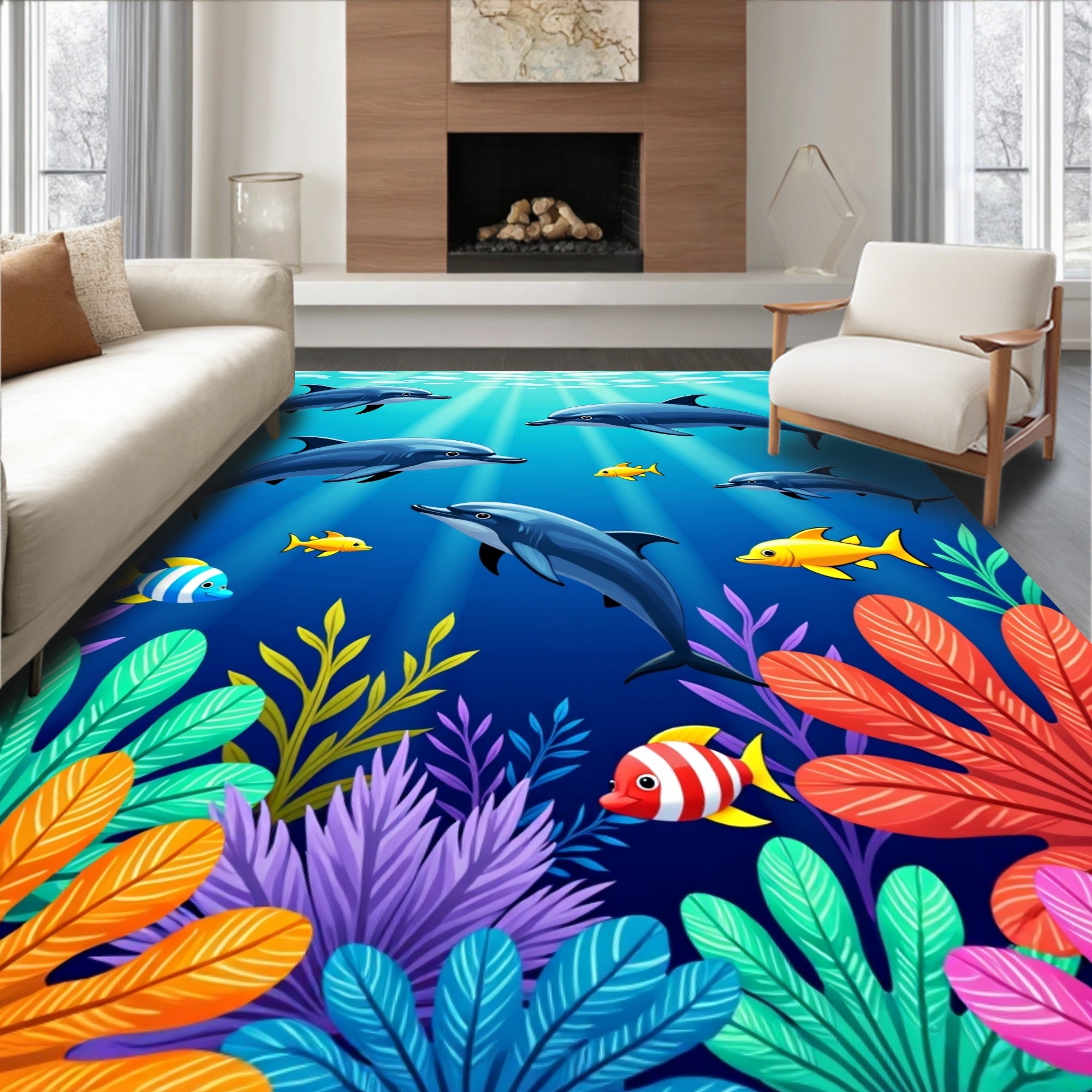 Midnight Blue Ocean Dolphin Coral Scene Rug