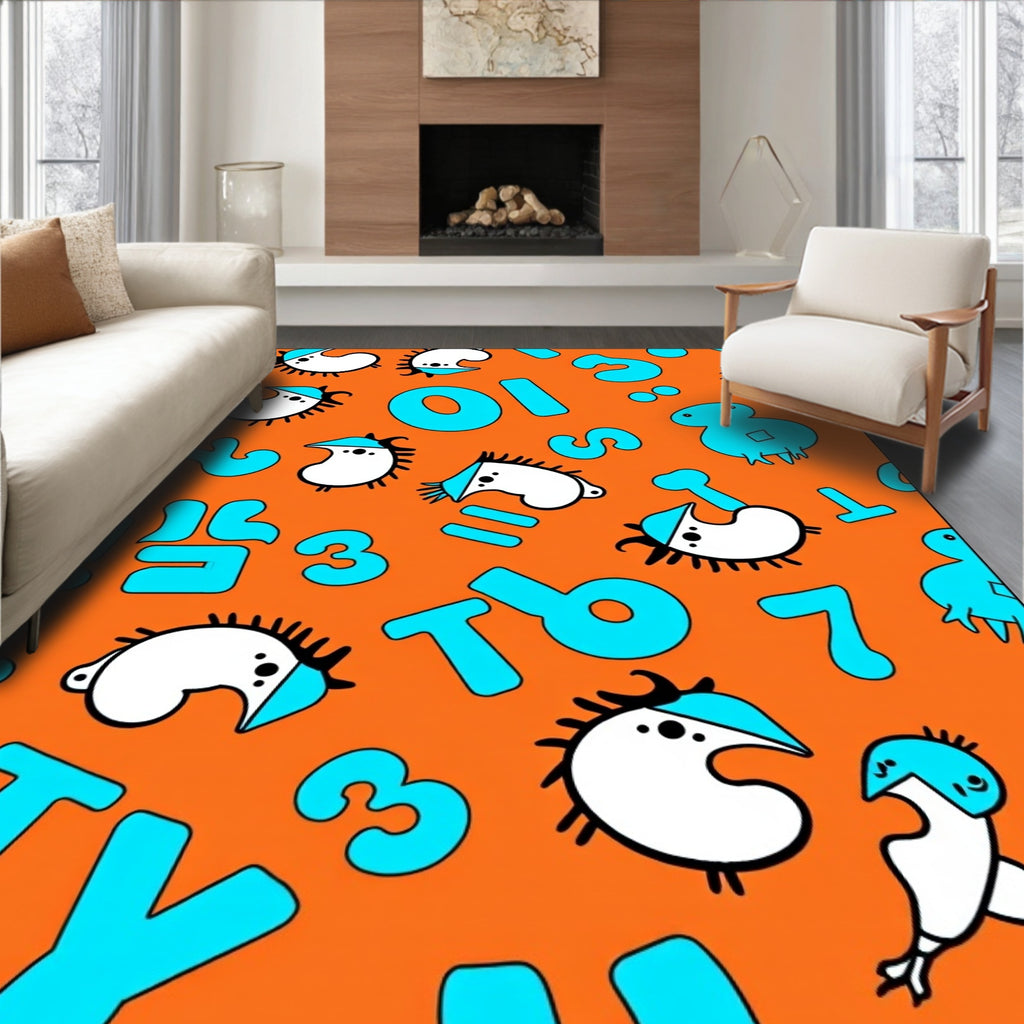 Whimsical Orange Blue Characters Numbers Rug