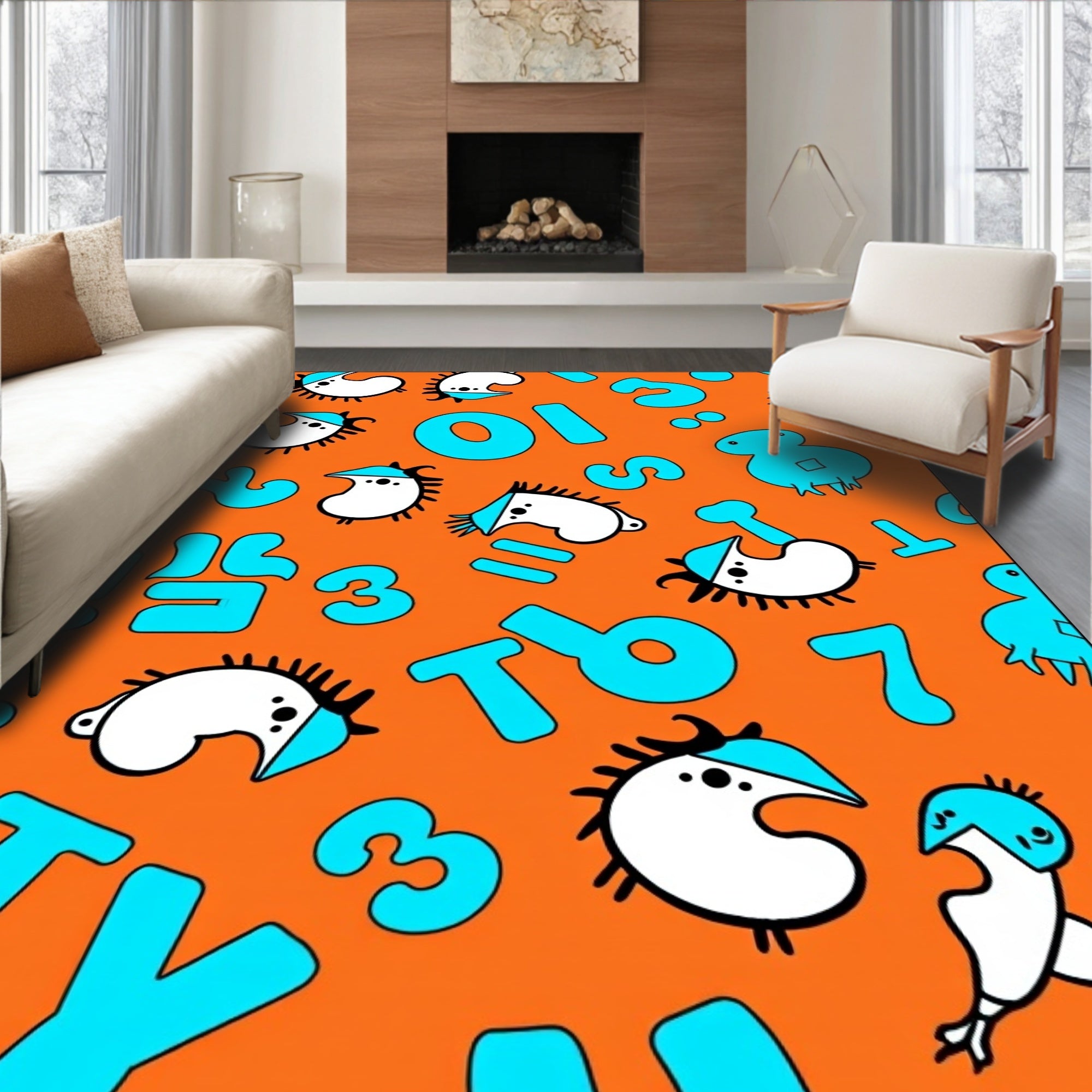 Whimsical Orange Blue Characters Numbers Rug