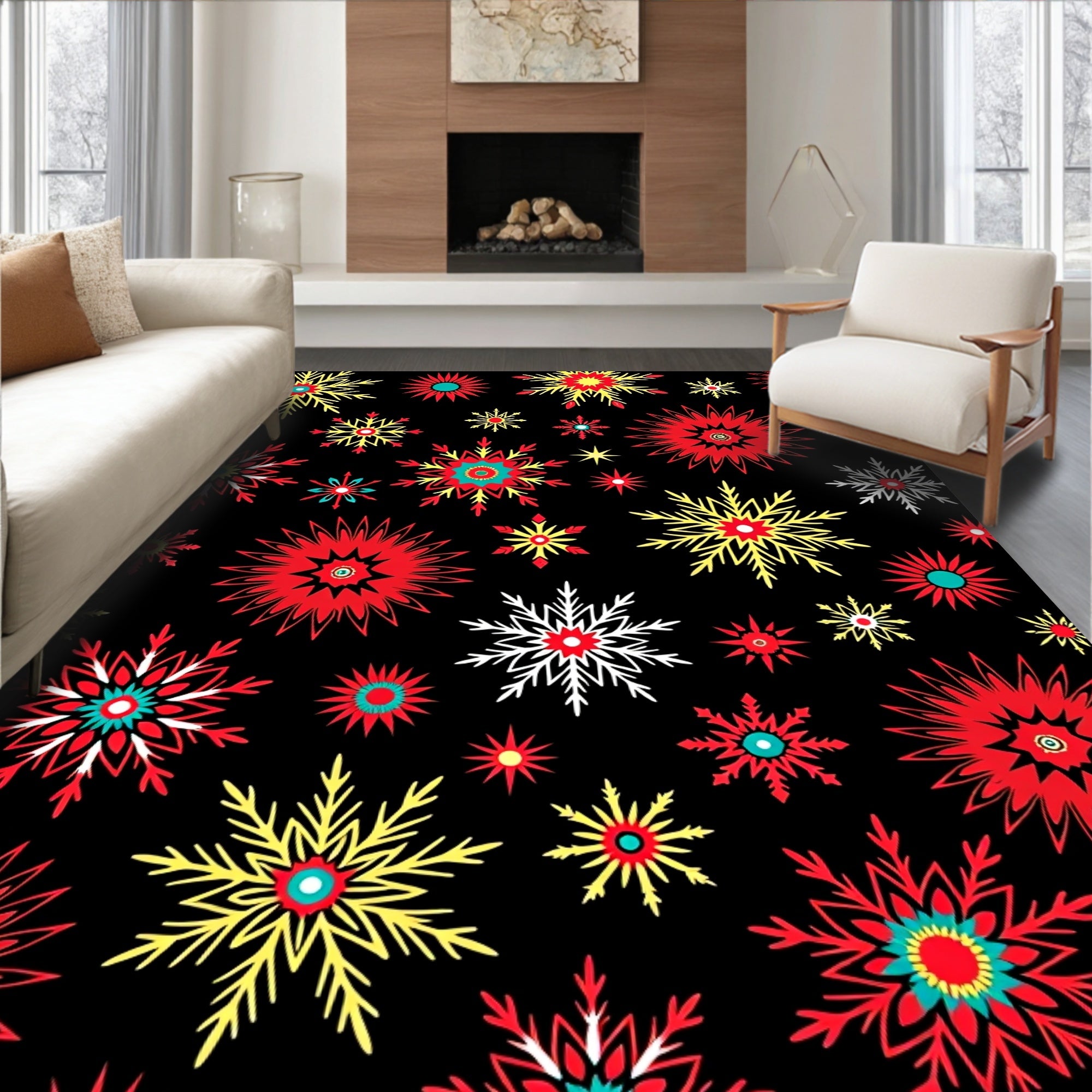 Vibrant Red Yellow Snowflake Scatter Rug