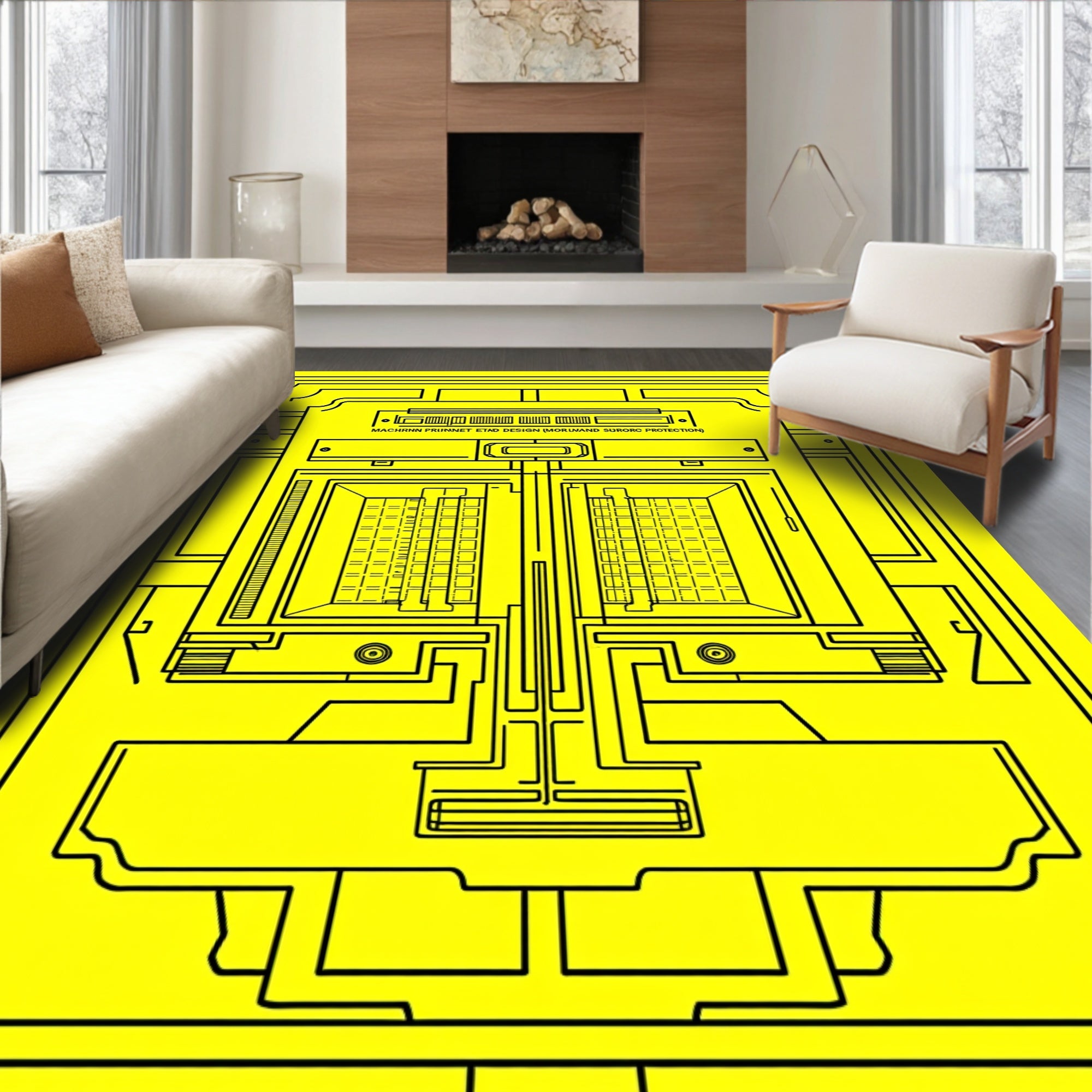 Retro Futuristic Yellow Geometric Architecture Rug