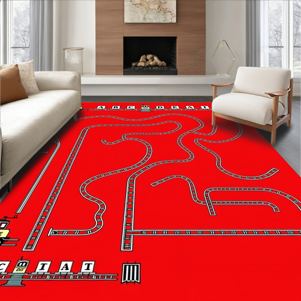 Red Train Track Maze Whimsical Rug