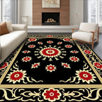 Black Floral Medallion Crimson Flower Rug