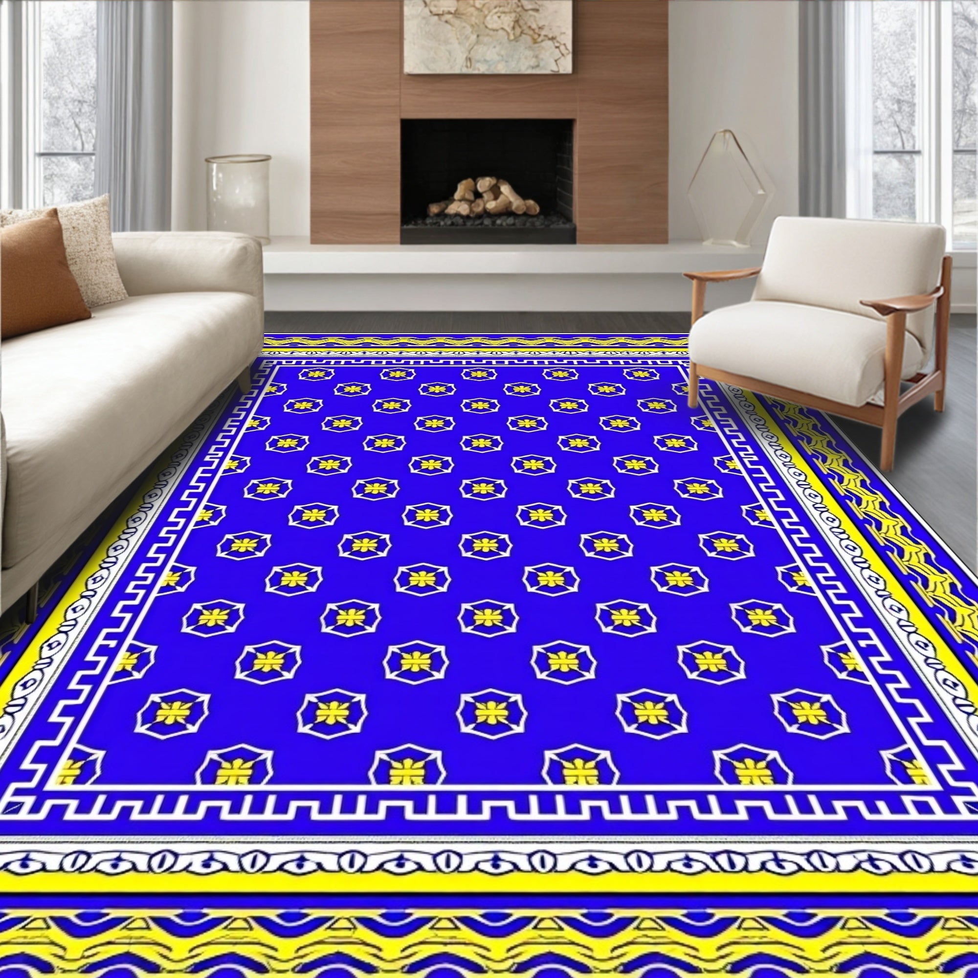Royal Blue Golden Floral Medallion Border Rug