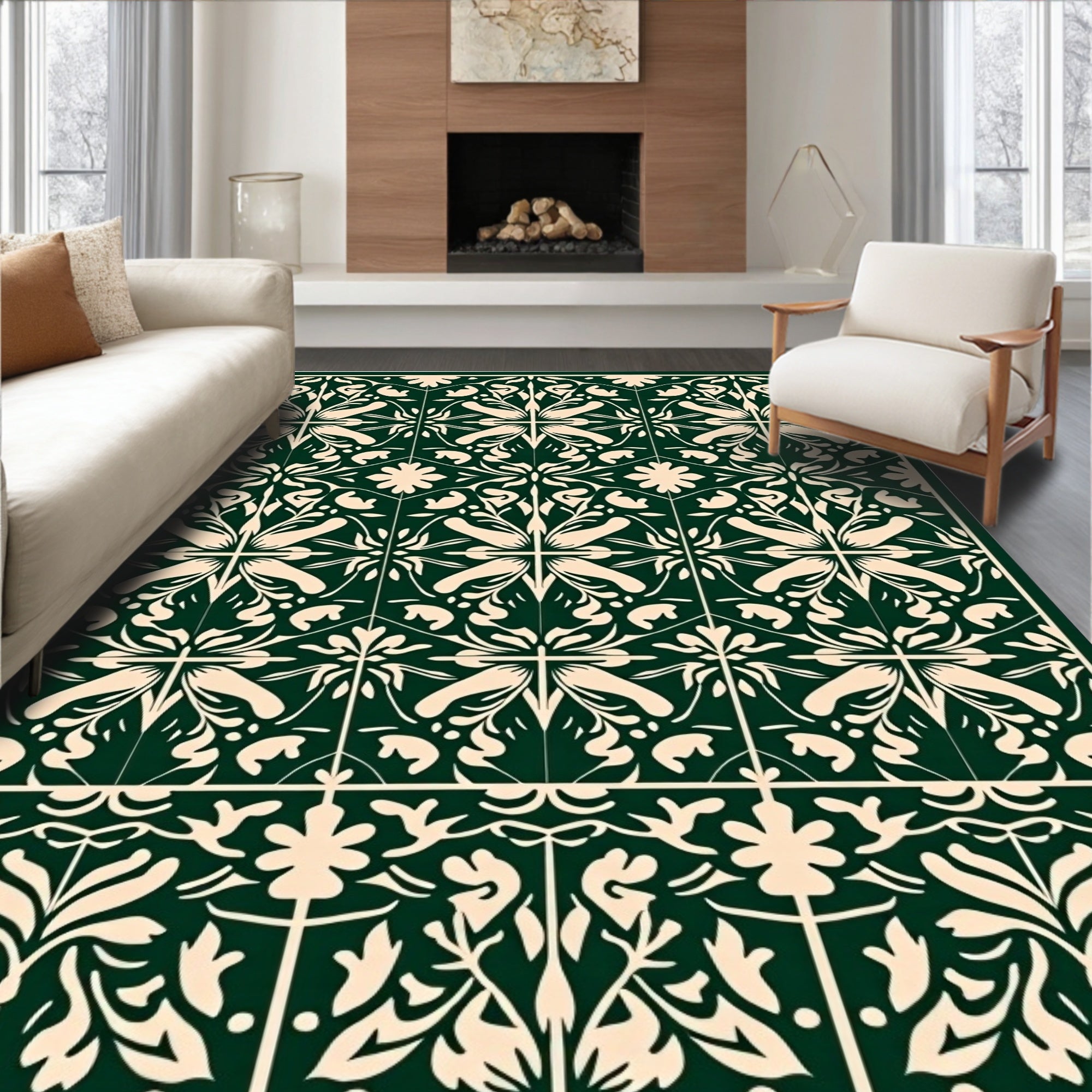 Dark Green Floral Medallion Repeating Rug