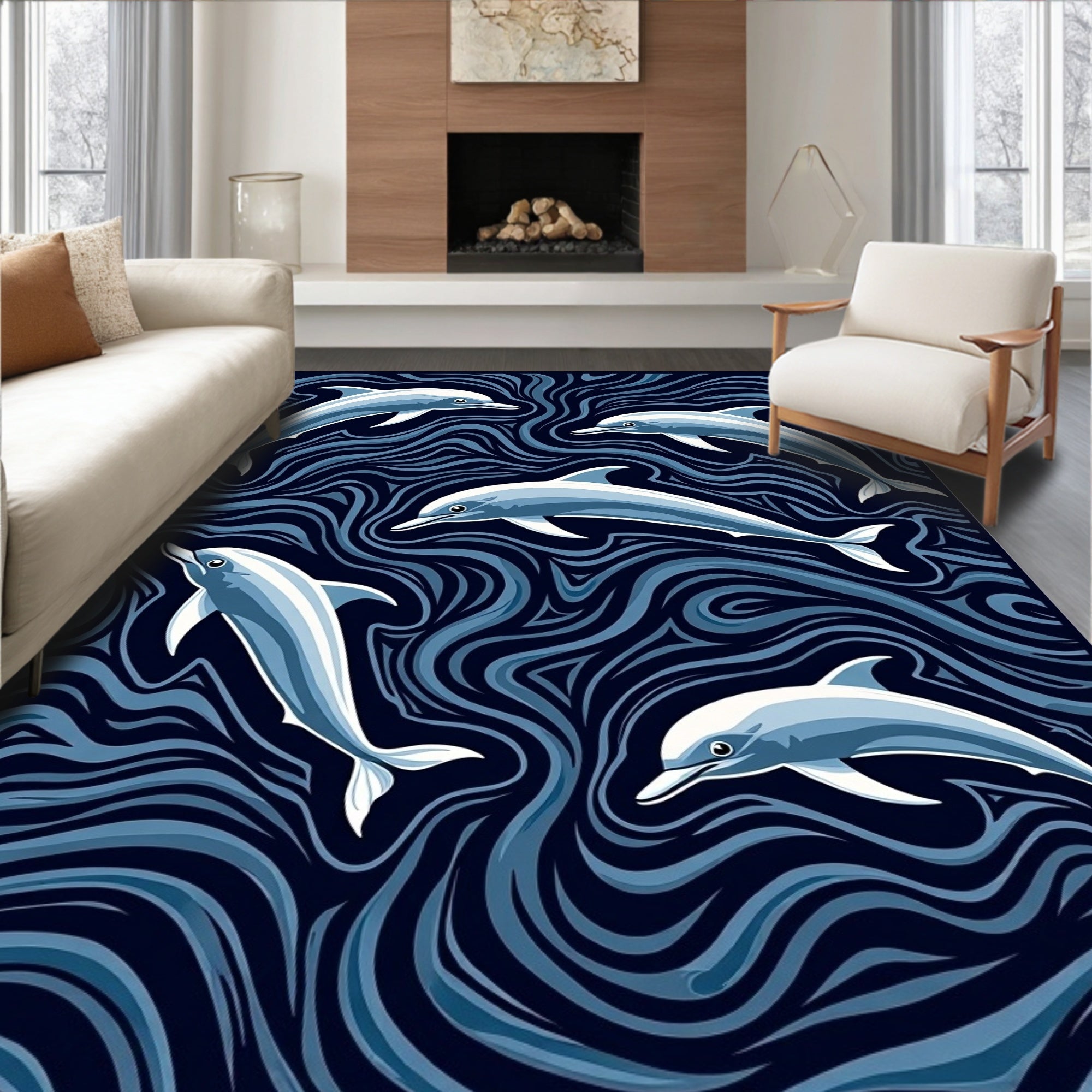 Ocean Dolphins Swirling Navy Waves Rug
