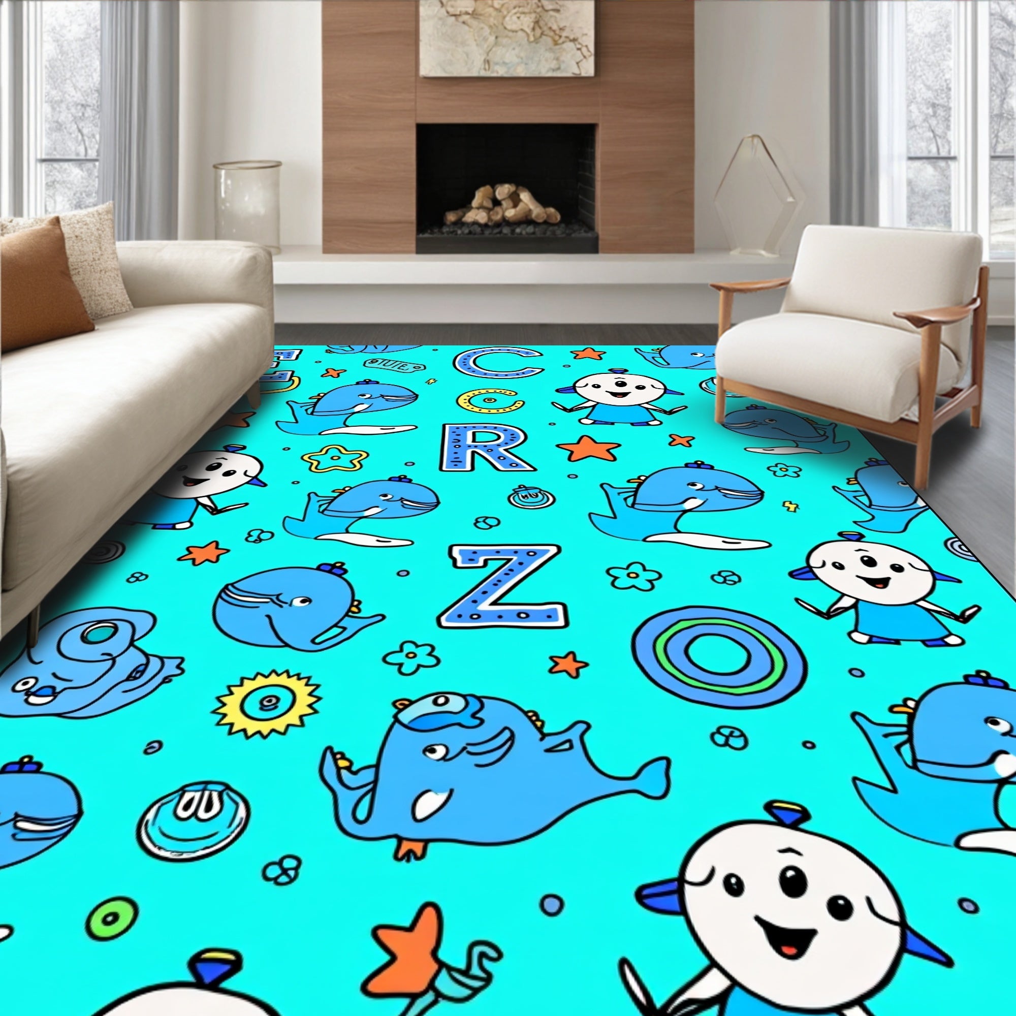 Whimsical Blue Ocean Animals Alphabet Rug