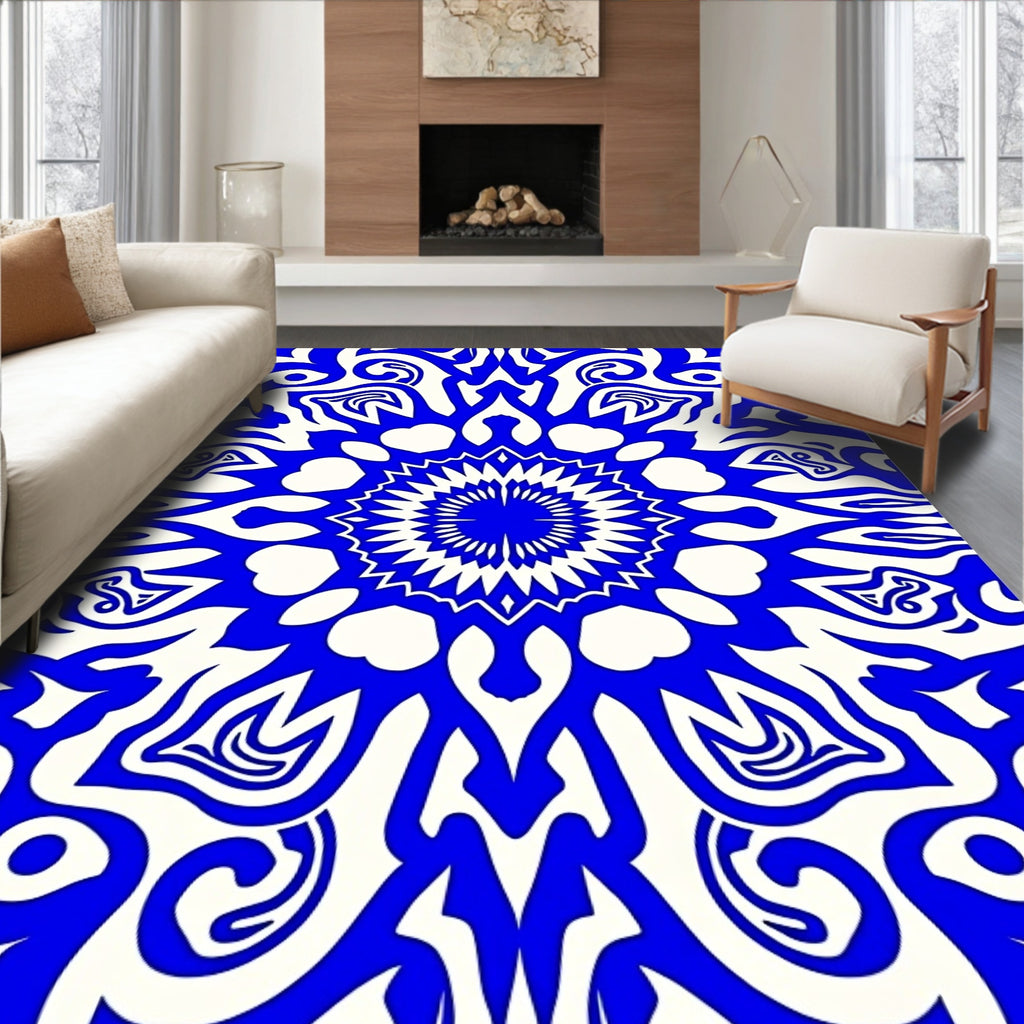 Bold Blue White Radial Mandala Rug