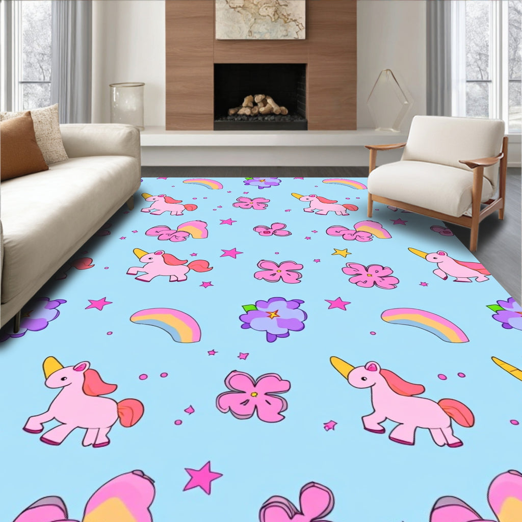 Cute Pink Unicorns Floral Rainbow Rug