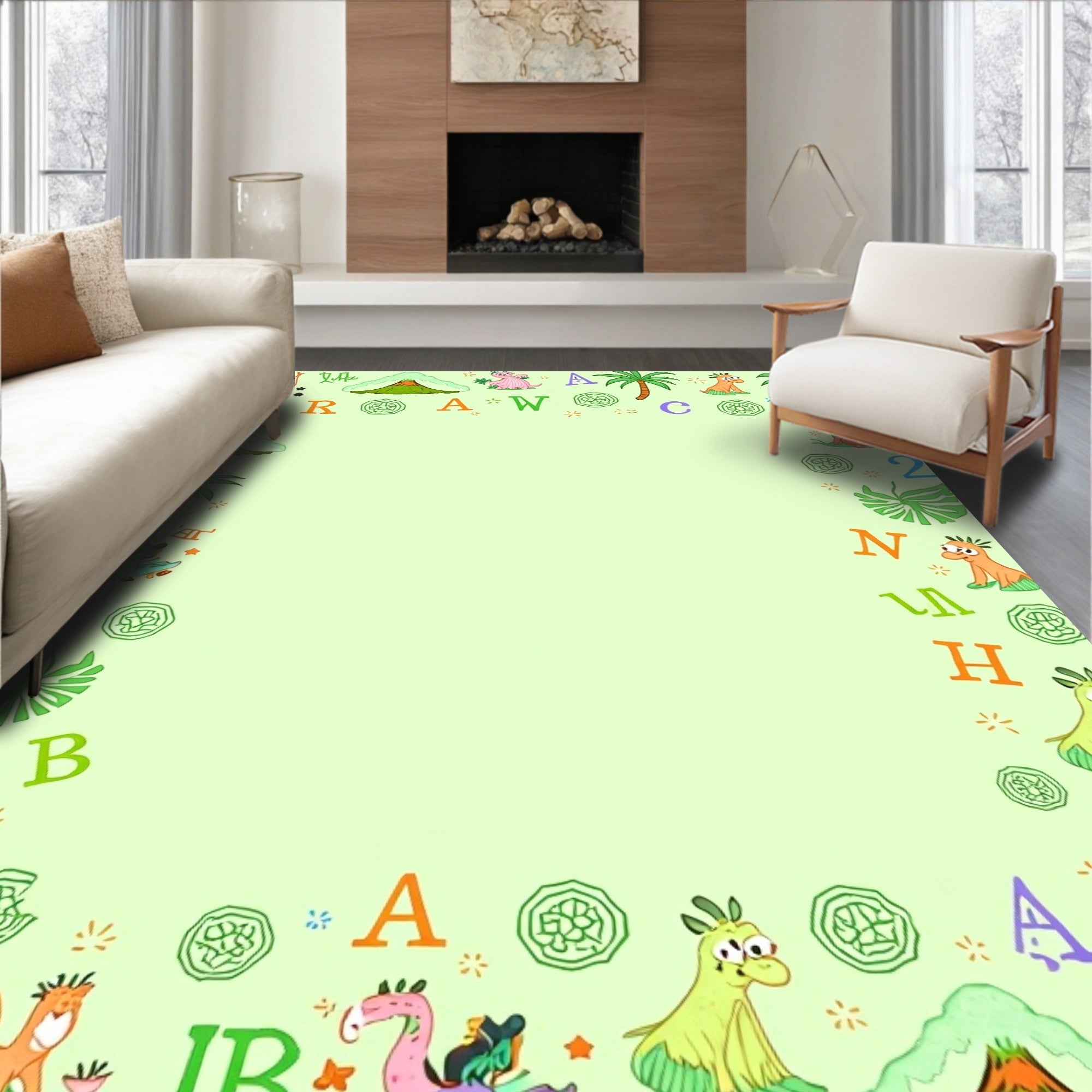 Prehistoric Alphabet Dinosaurs Palm Trees Rug