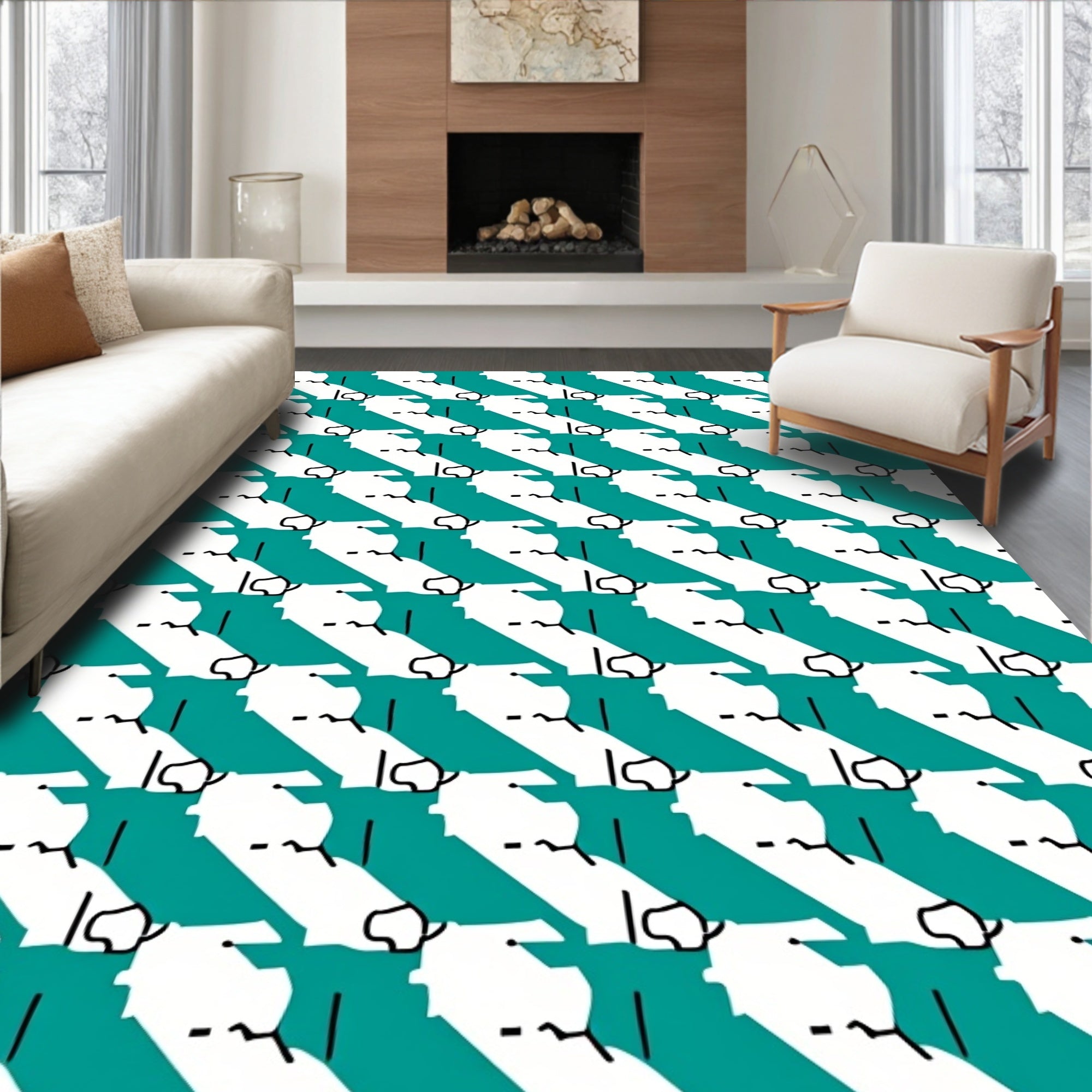 Teal White Abstract Irregular Stripes Rug