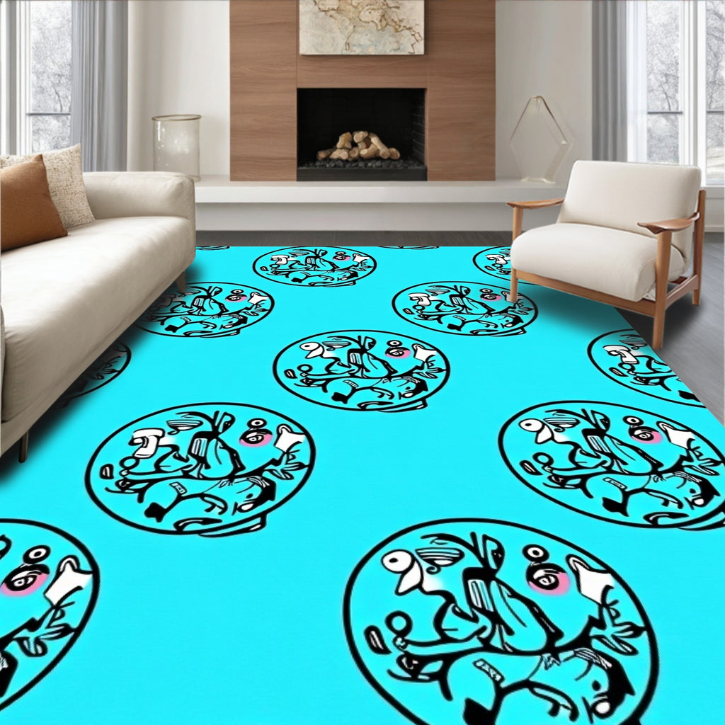 Whimsical Blue Whimsical Figures Circular Rug