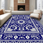 Cobalt Blue White Floral Medallion Laminate Rug