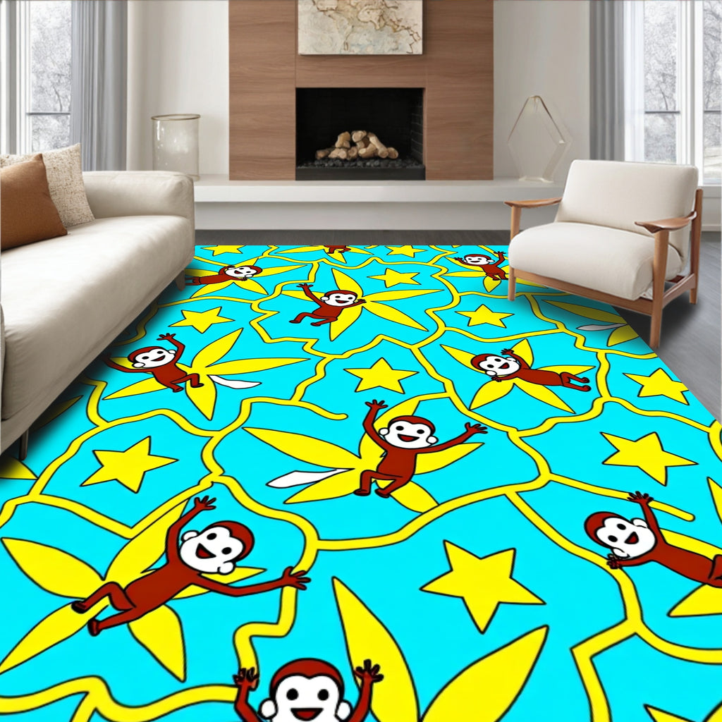 Cheeky Monkeys Yellow Stars Ocean Blue Rug