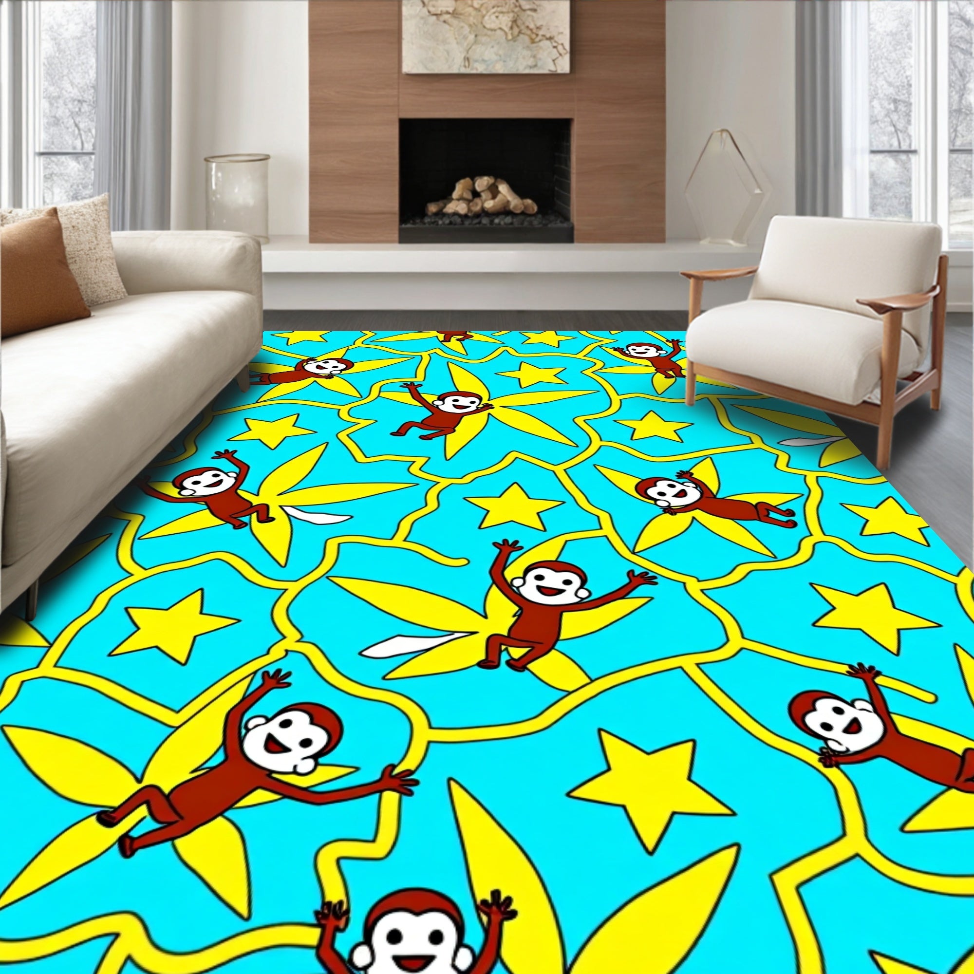 Cheeky Monkeys Yellow Stars Ocean Blue Rug