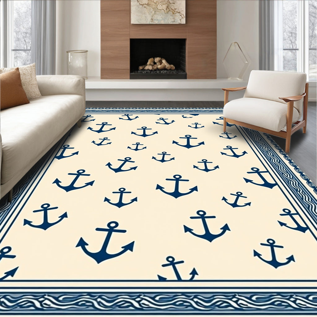 Navy Anchor Cream Border Rug