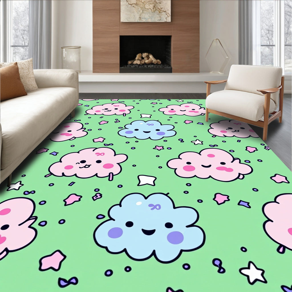 Kawaii Pink Blue Clouds Green Background Rug