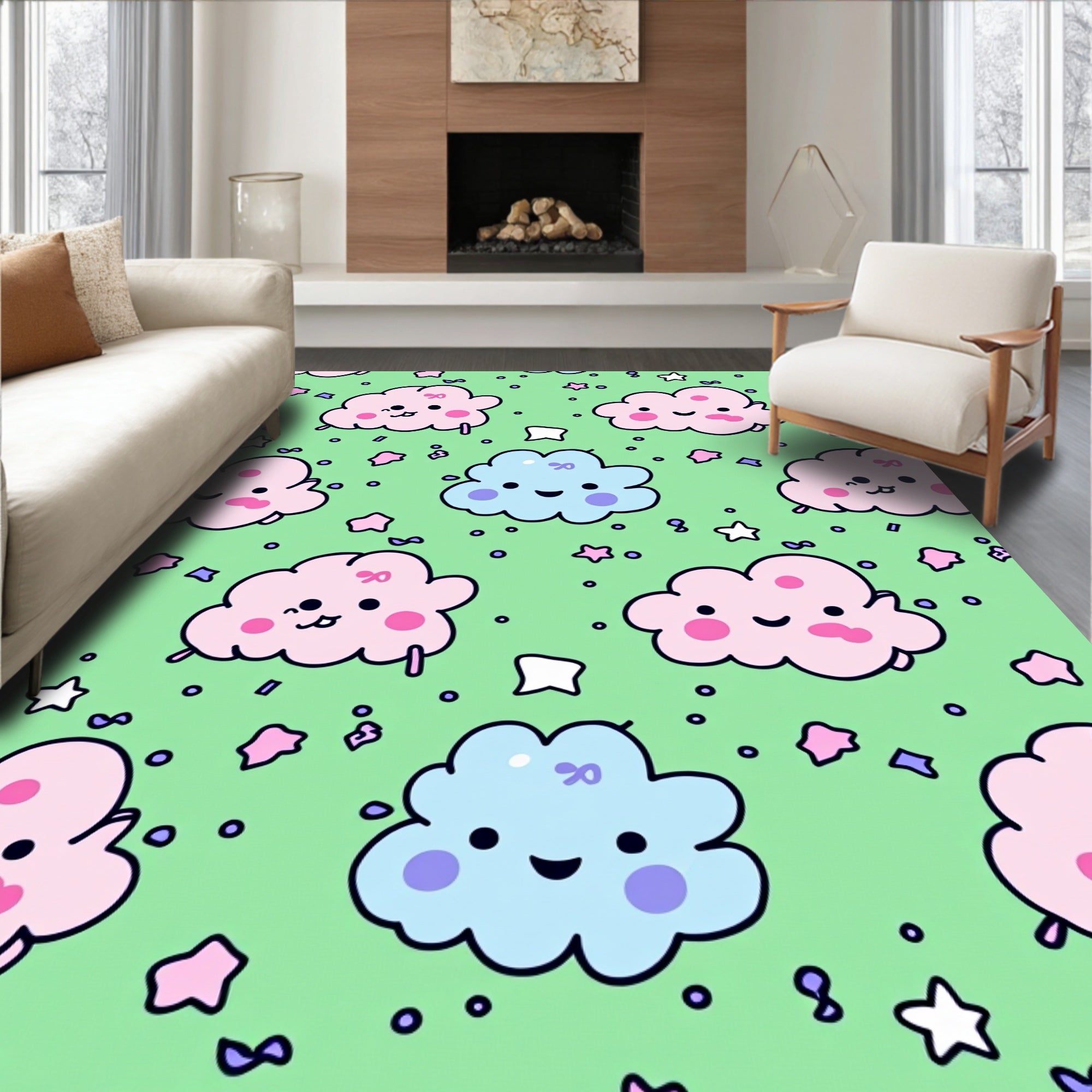 Kawaii Pink Blue Clouds Green Background Rug