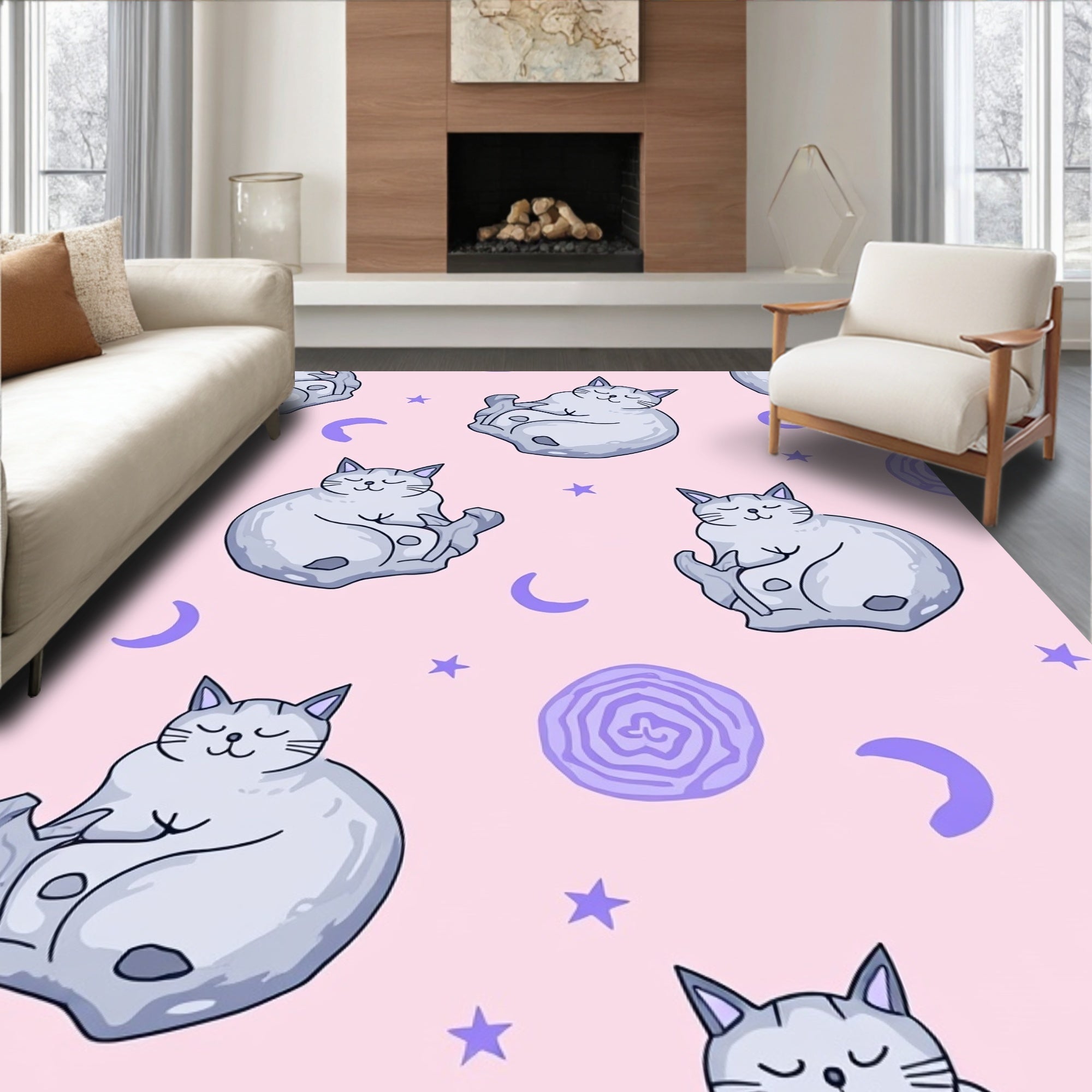 Whimsical Gray Sleeping Cat Stars Rug