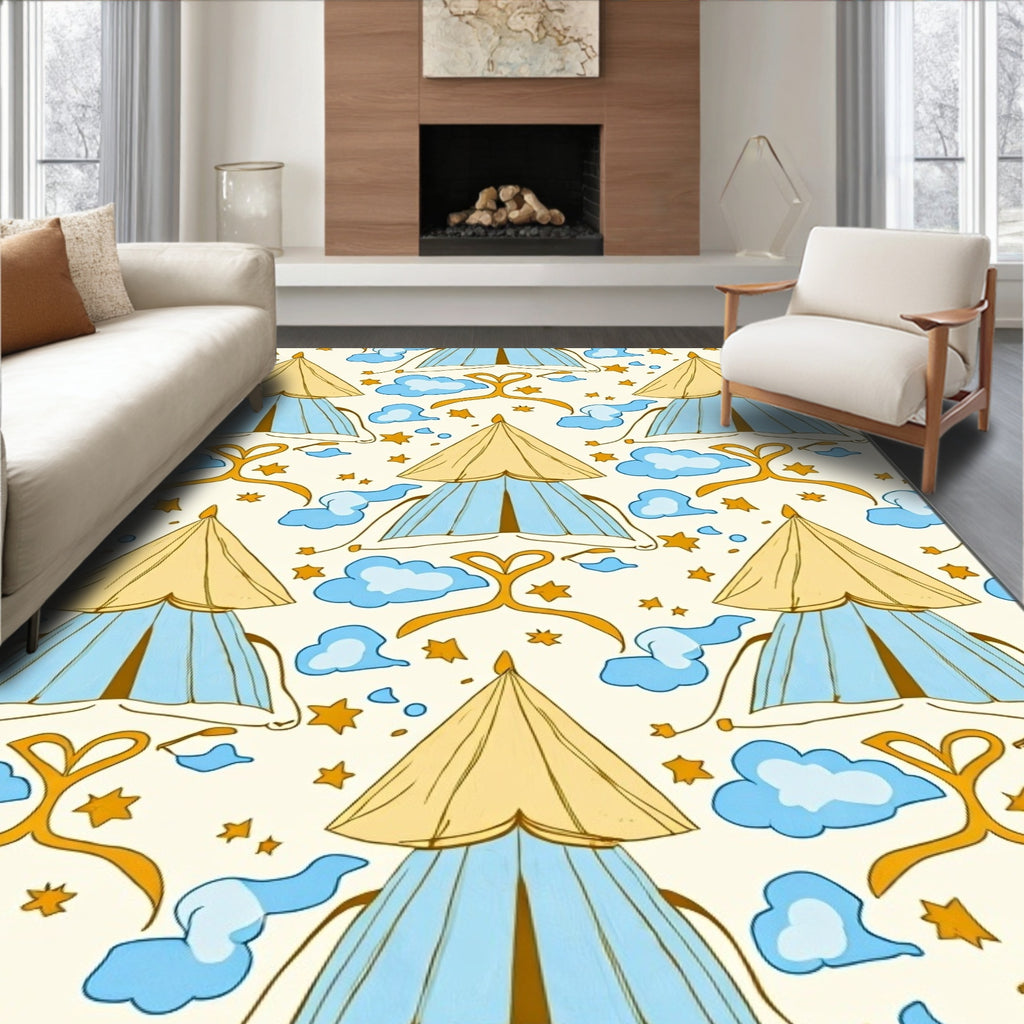 Yellow Blue Tent Clouds Stars Ribbon Rug