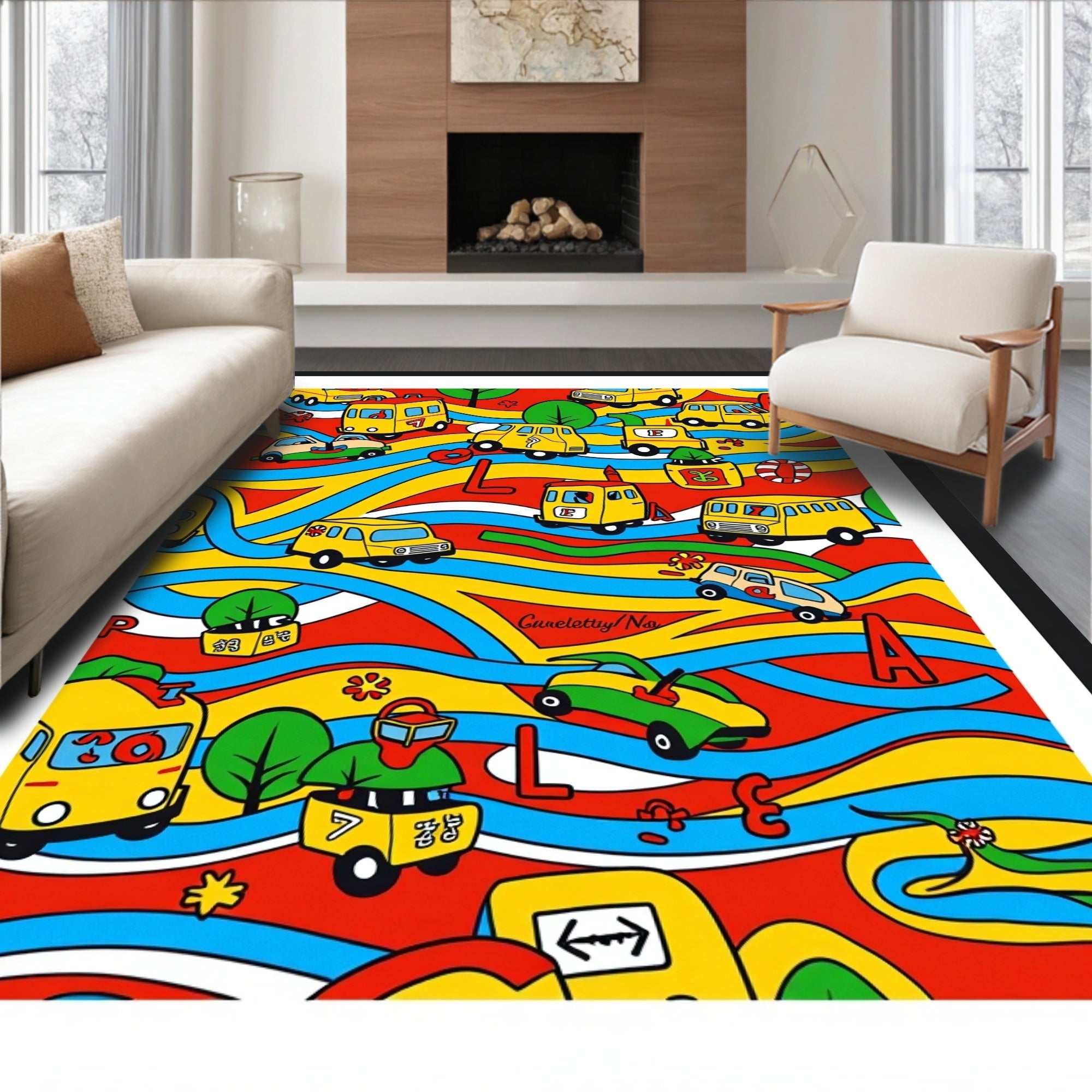 Whimsical Yellow Cars Winding Road Rug