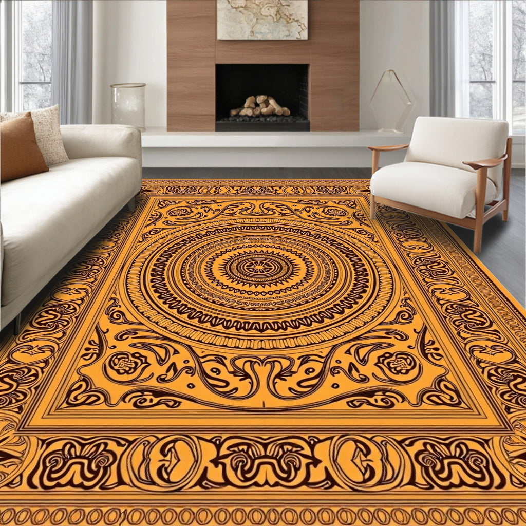 Golden Orange Intricate Mandala Medallion Rug