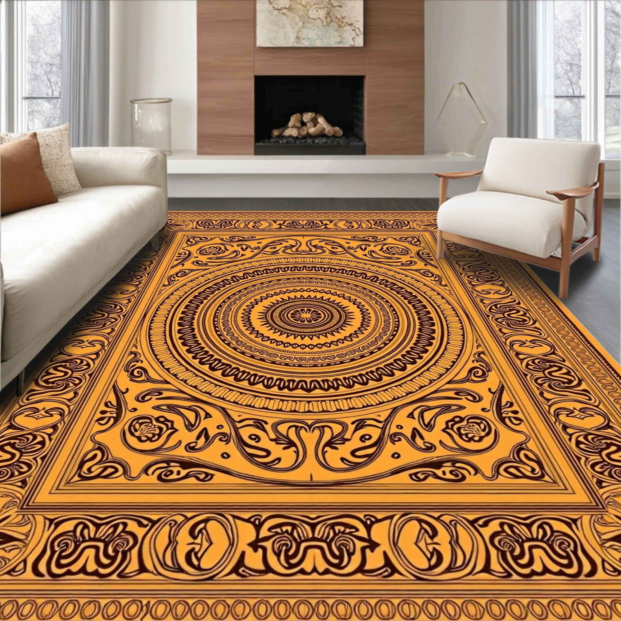 Golden Orange Intricate Mandala Medallion Rug