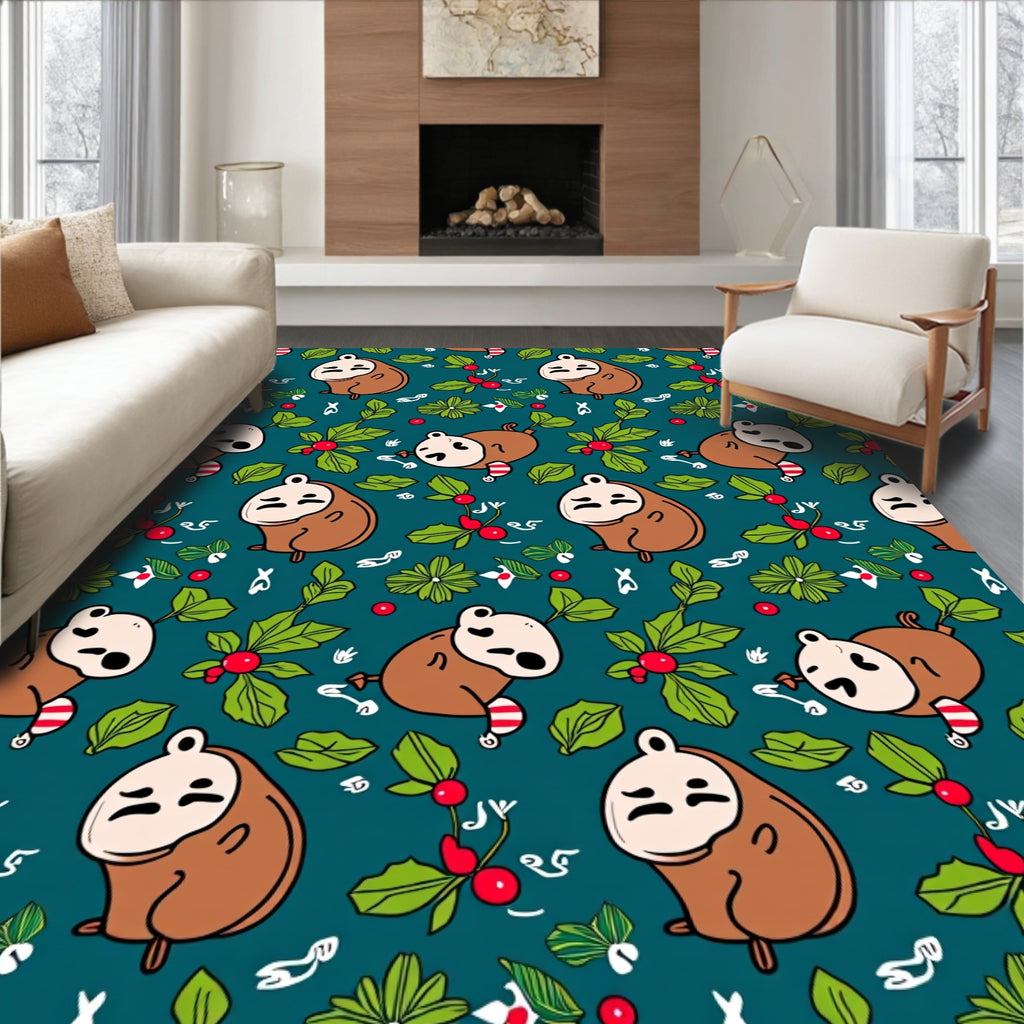 Cute Brown Character Christmas Holly Rug