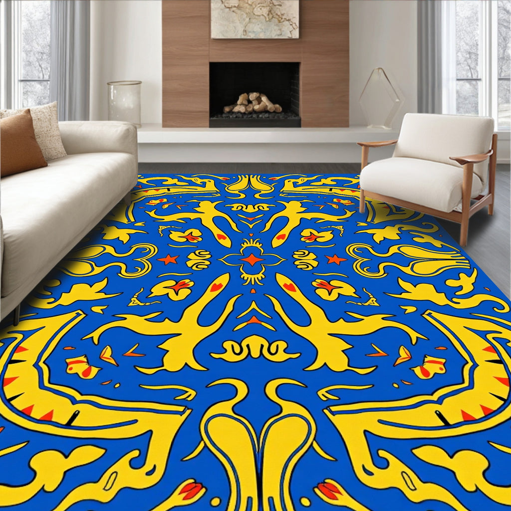 Bright Blue Yellow Crimson Abstract Medallion Rug