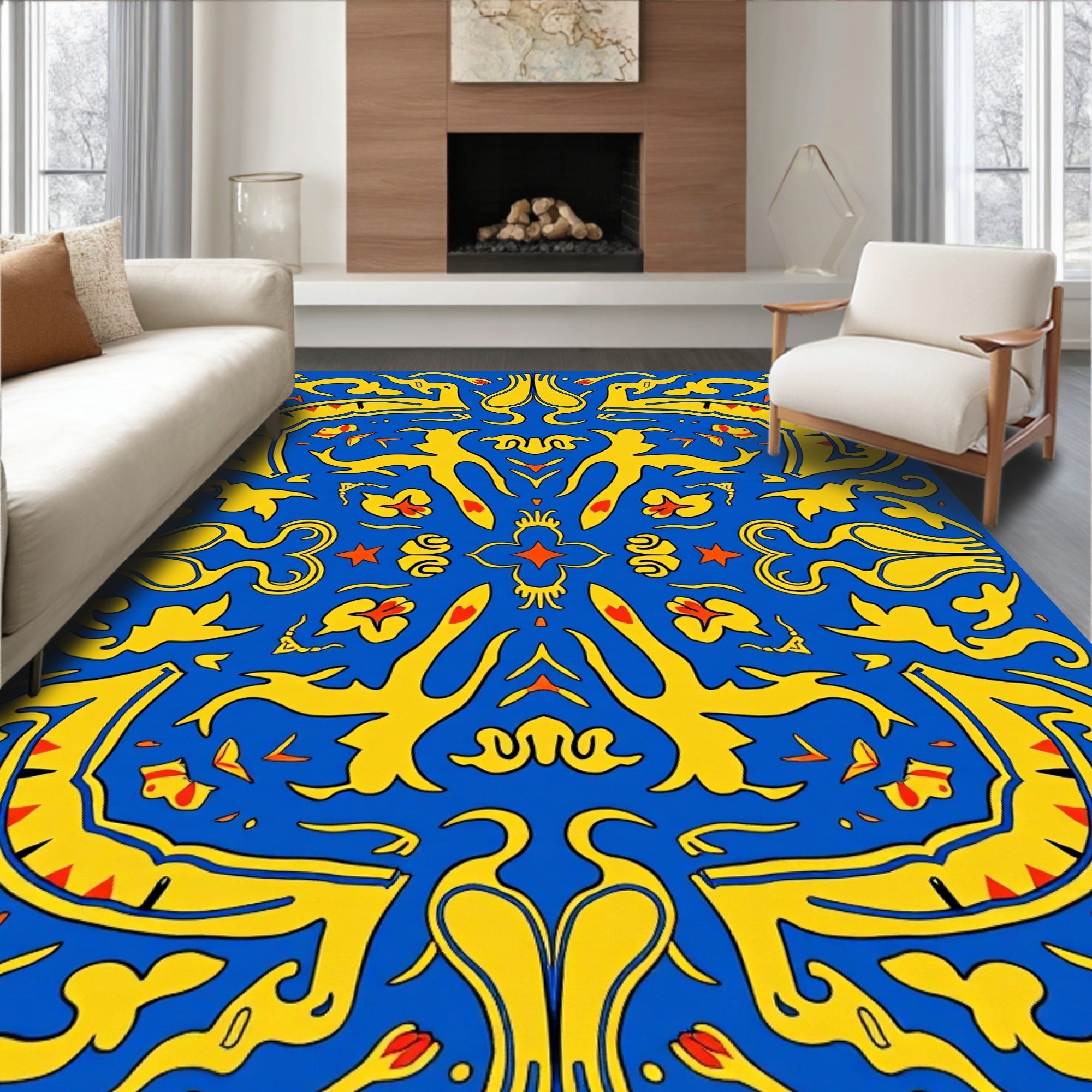 Bright Blue Yellow Crimson Abstract Medallion Rug