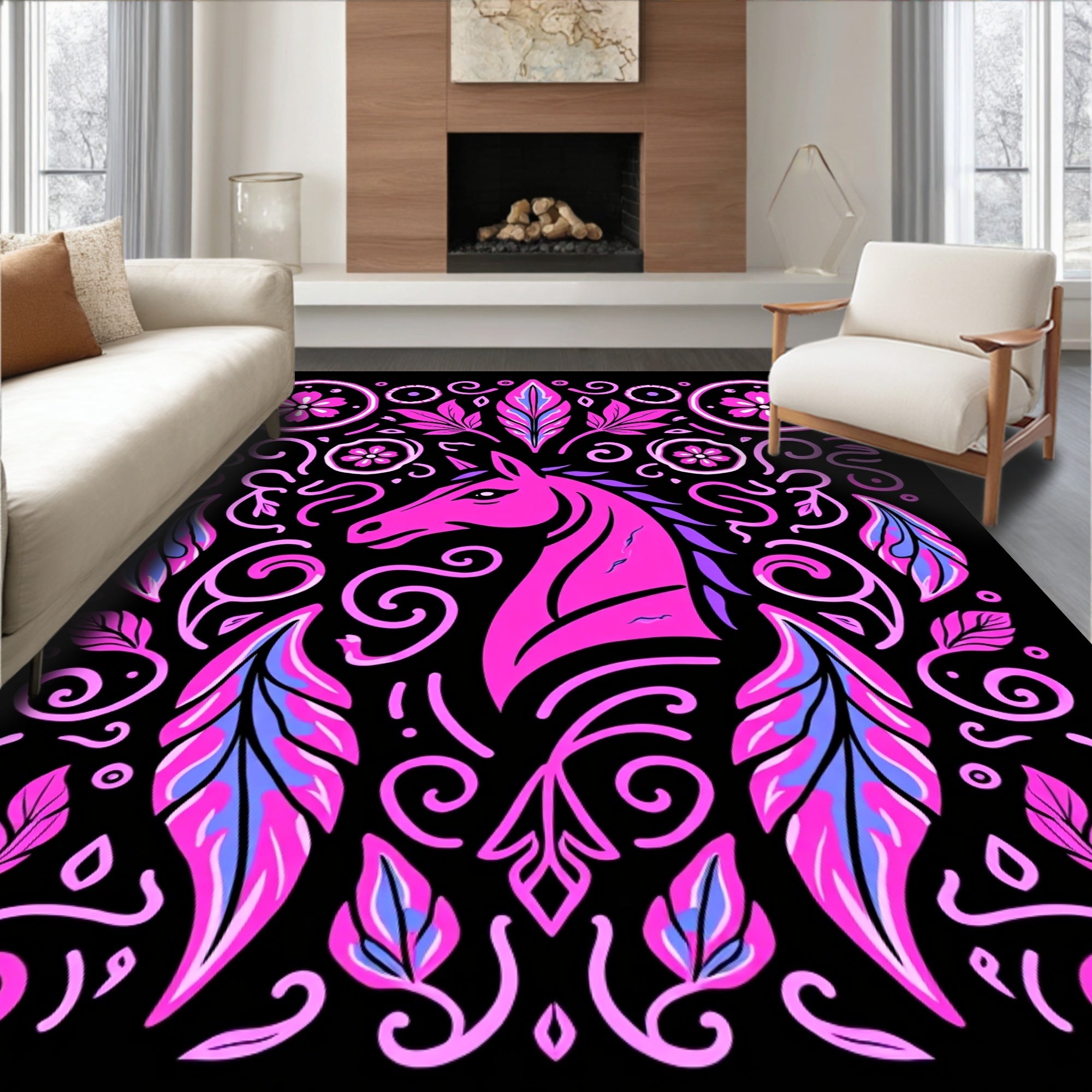 Vibrant Pink Unicorn Floral Swirl Rug