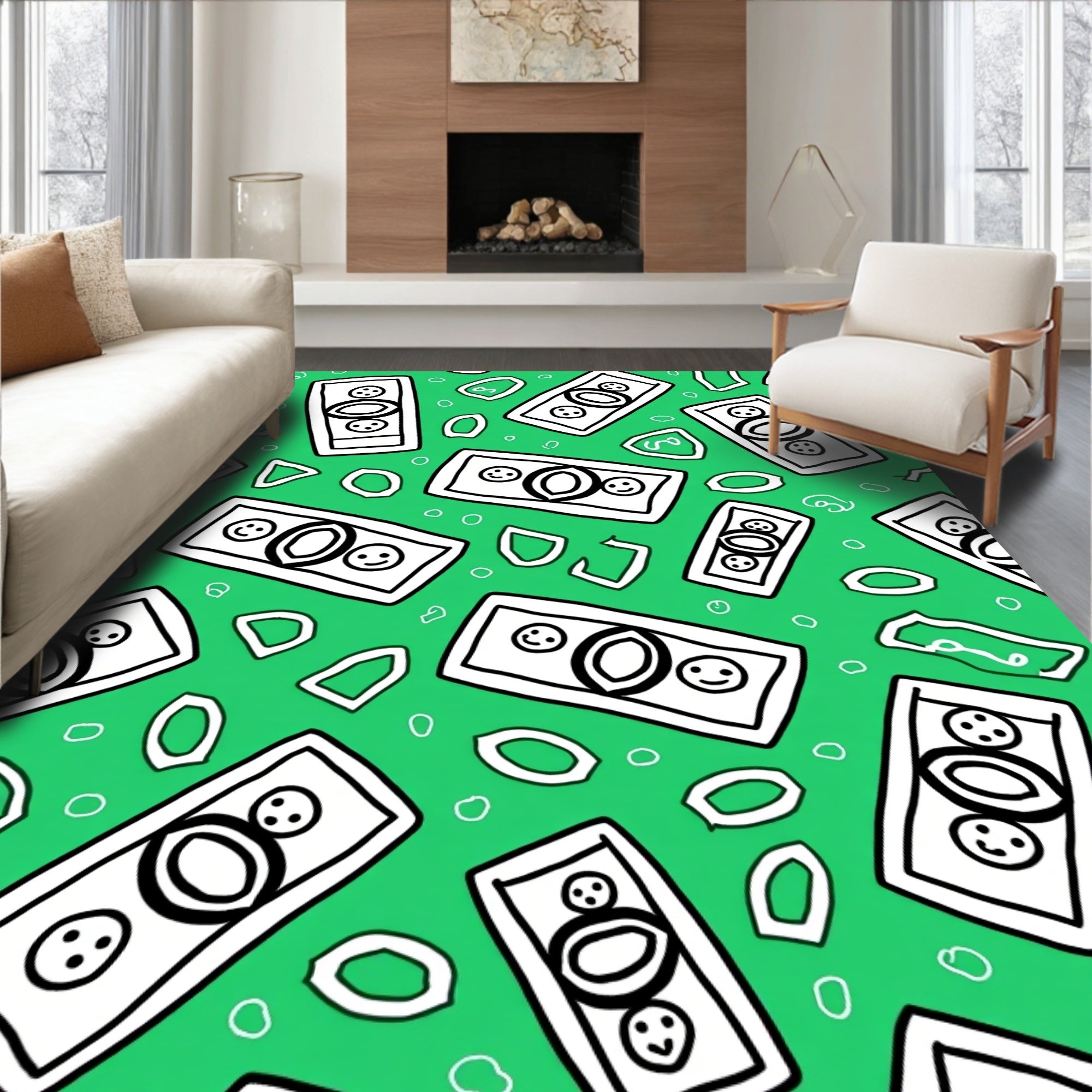 Vibrant Green Money Bills Scattered Rug