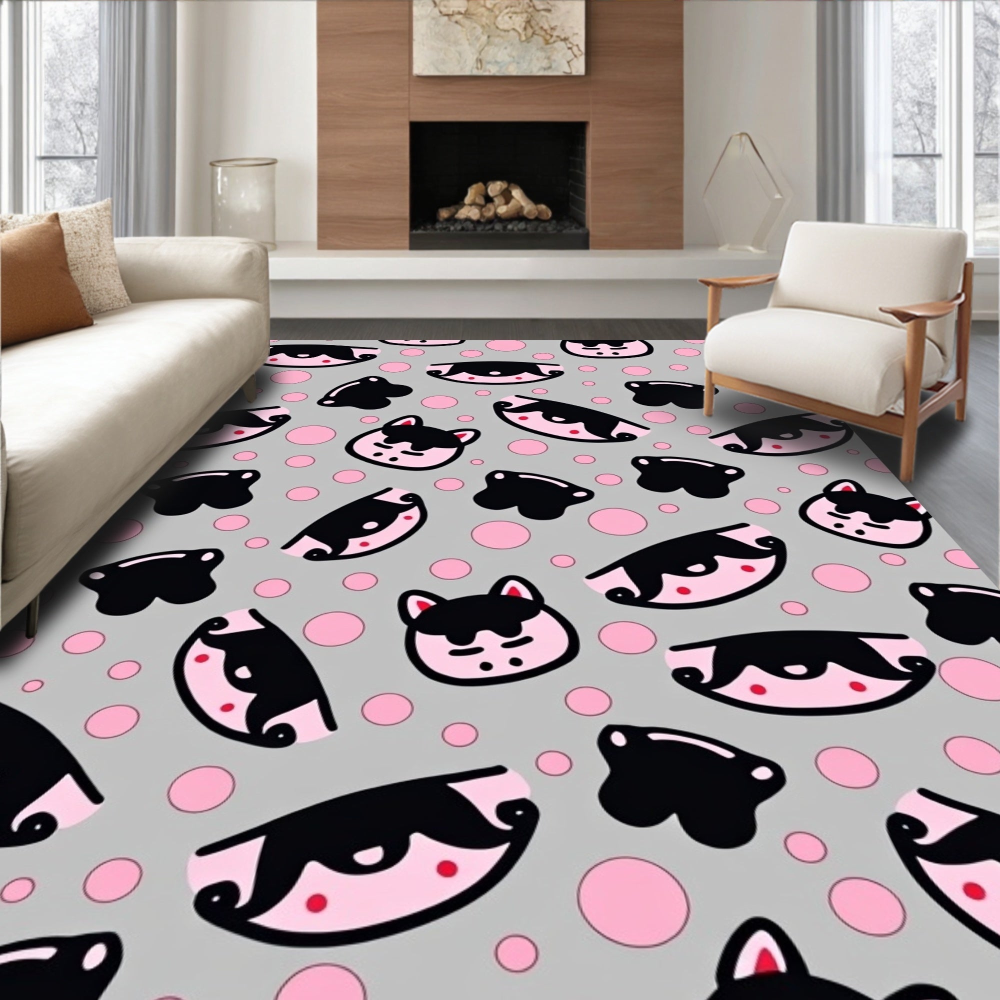 Cute Kawaii Cat Faces Pink Polka Dots Rug